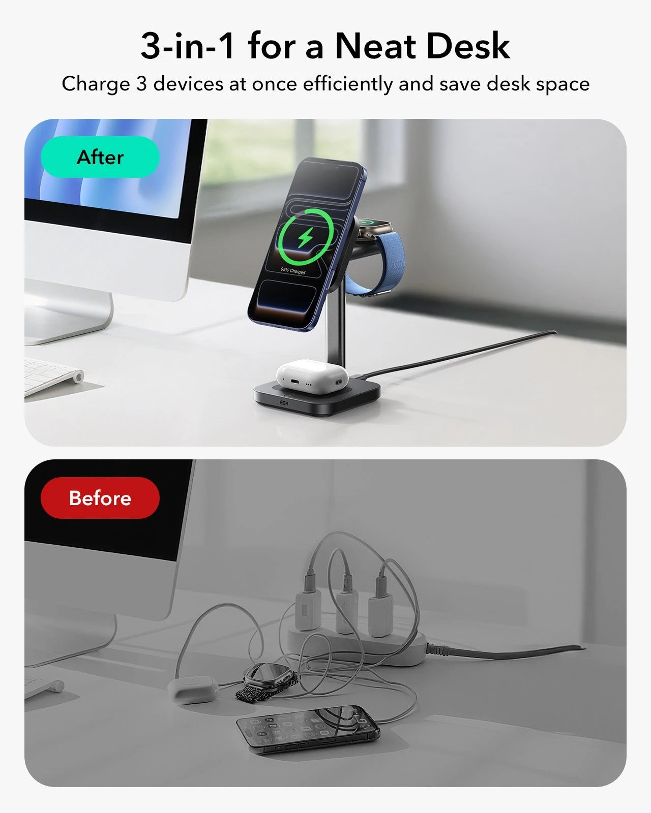 CryoBoost 3-in-1 Magnetic Charging Station (25W, Qi2.2) - US Plug–Black ESR ESR