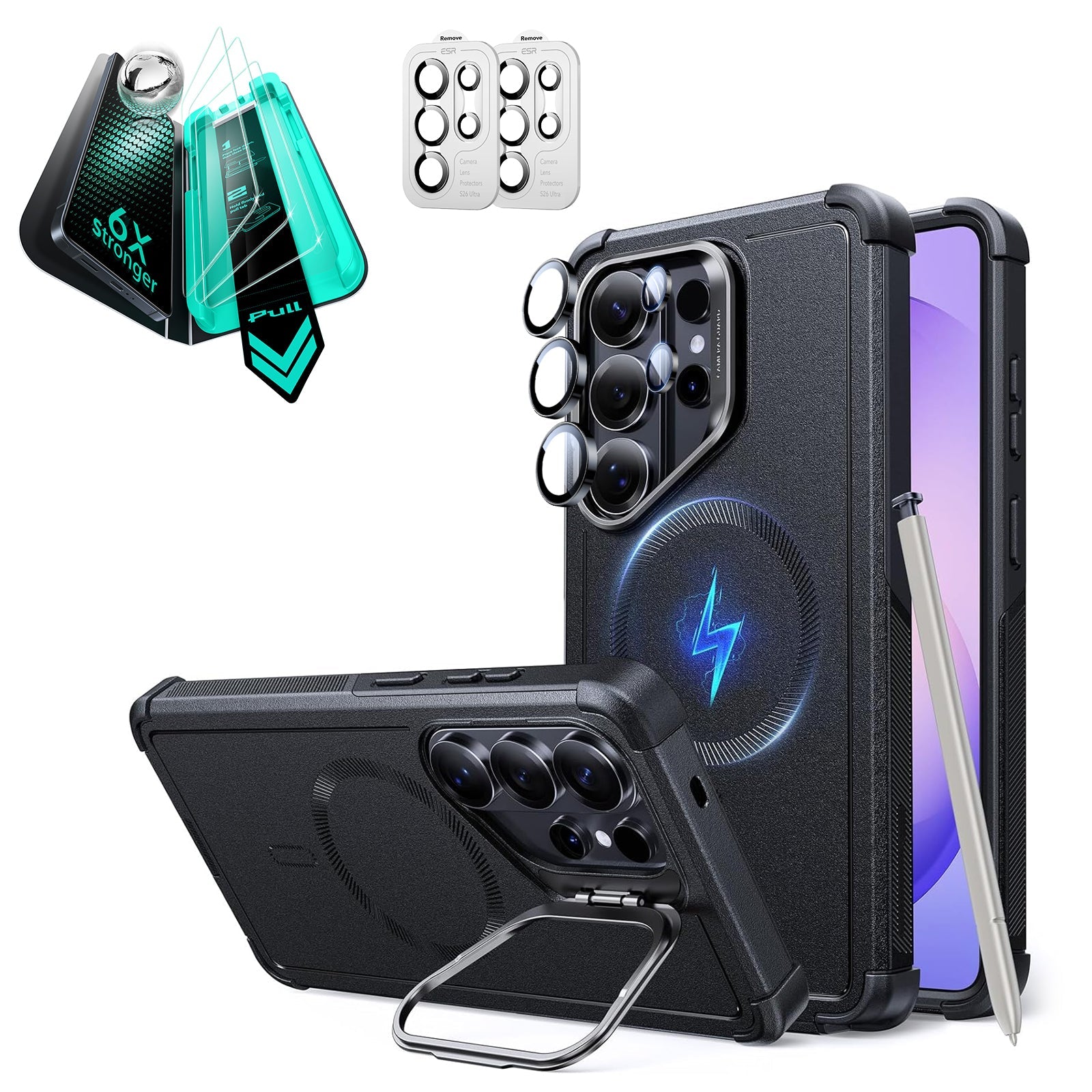 Black Galaxy S26 Ultra Rugged Case with Stand & Armorite 