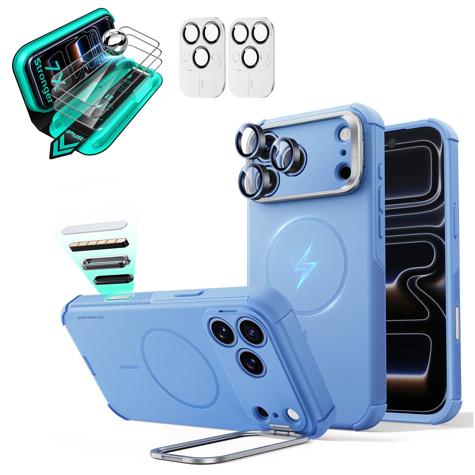Misty Blue iPhone 18 Pro Stand Case & Armorite 7X HD Glass | ESR Cyber