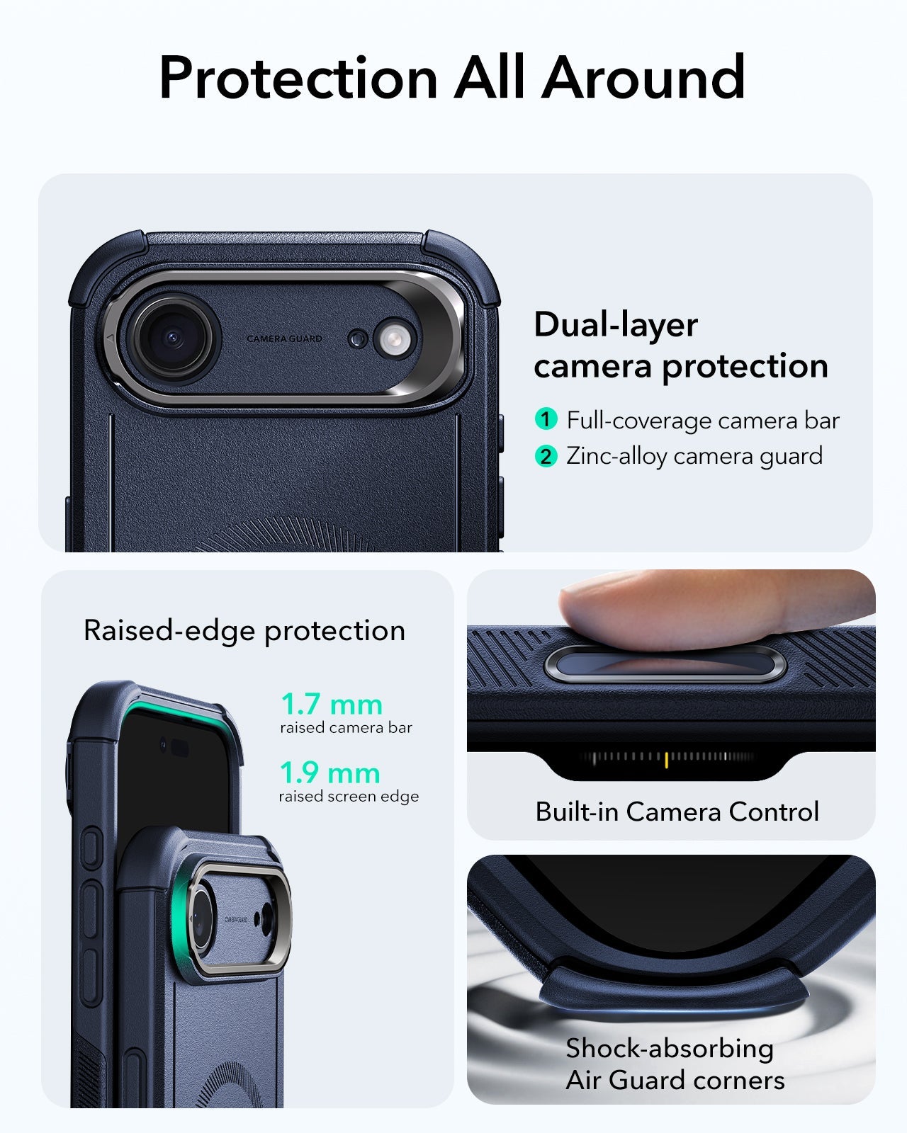 ESR iPhone 17 Air Cyber Tough Magsafe Case with Stand and Camera Control Blue Raised Edge Protection