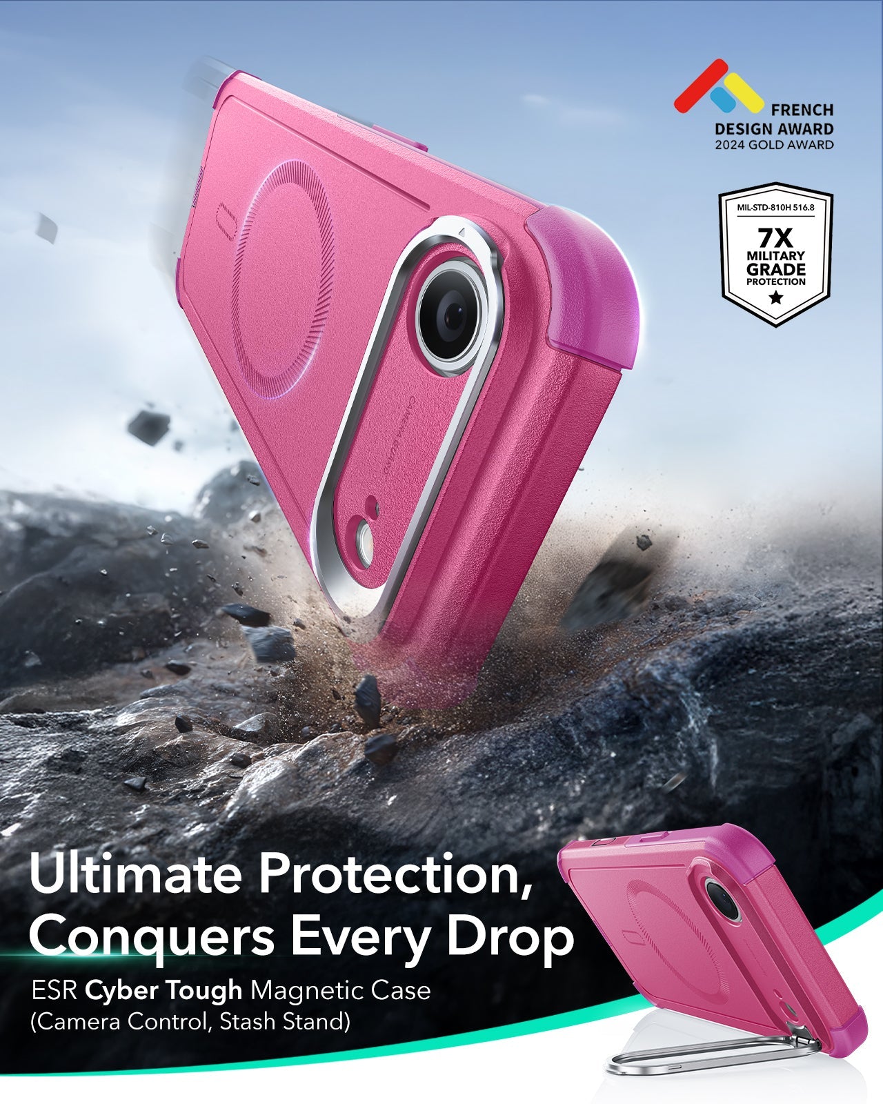 ESR iPhone 17 Air Cyber Tough Magsafe Case with Stand and Camera Control Pink