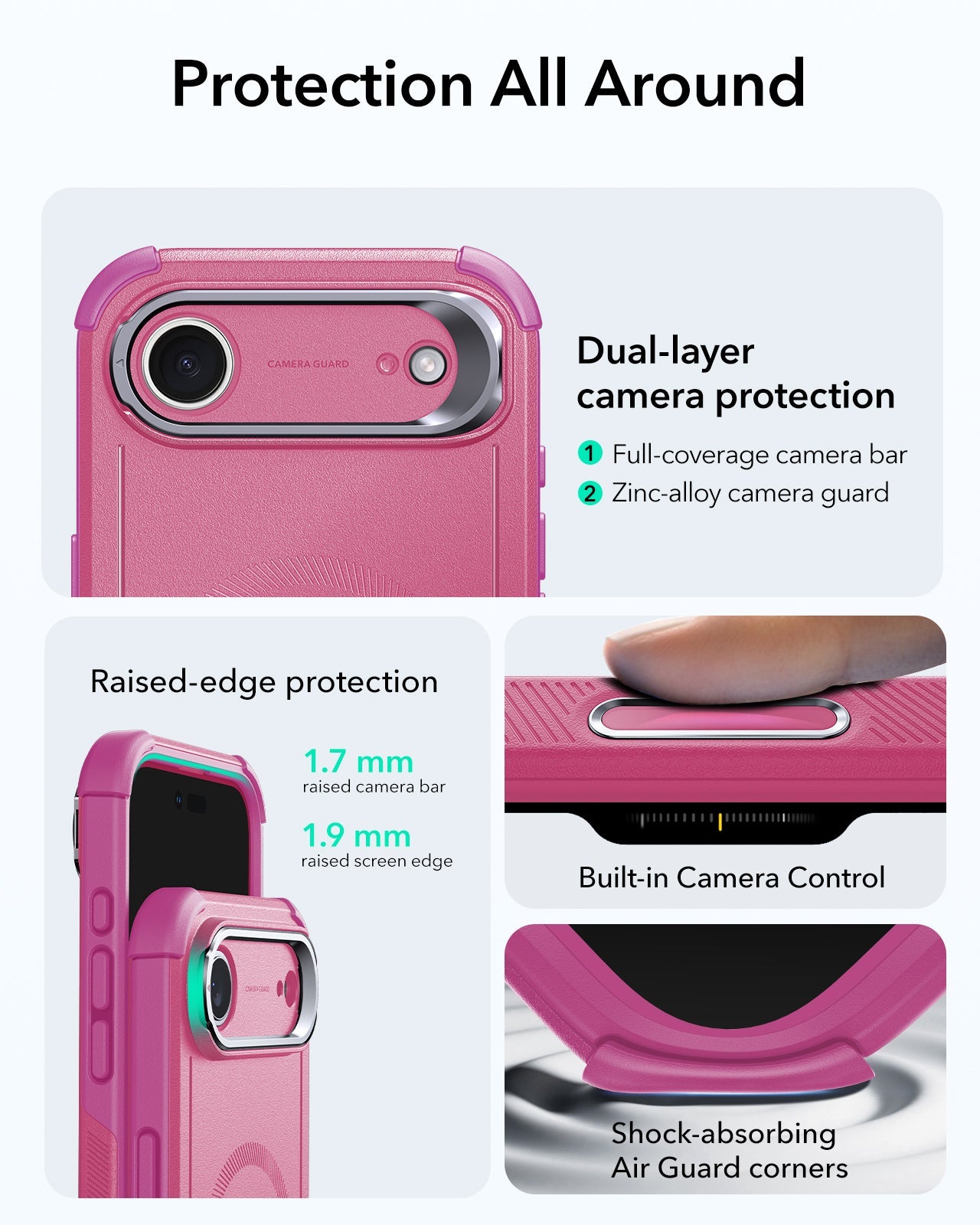 ESR iPhone 17 Air Cyber Tough Magsafe Case with Stand and Camera Control Pink Raised Edge Protection