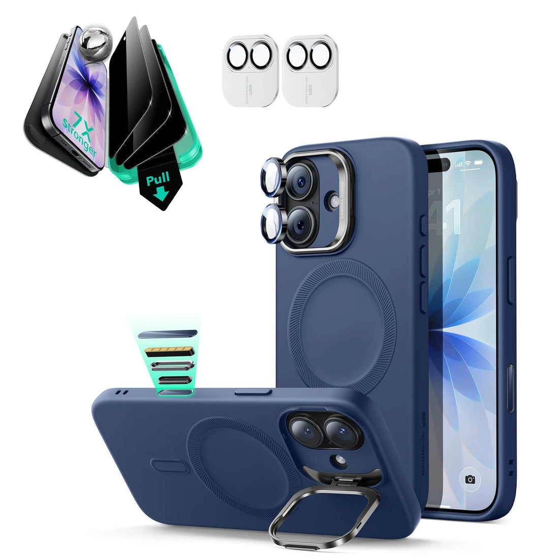 iPhone 17 Cloud Soft Magnetic Case (Camera Control, Stash Stand) Armorite Privacy Protection Bundle - Navy Blue ESR ESR