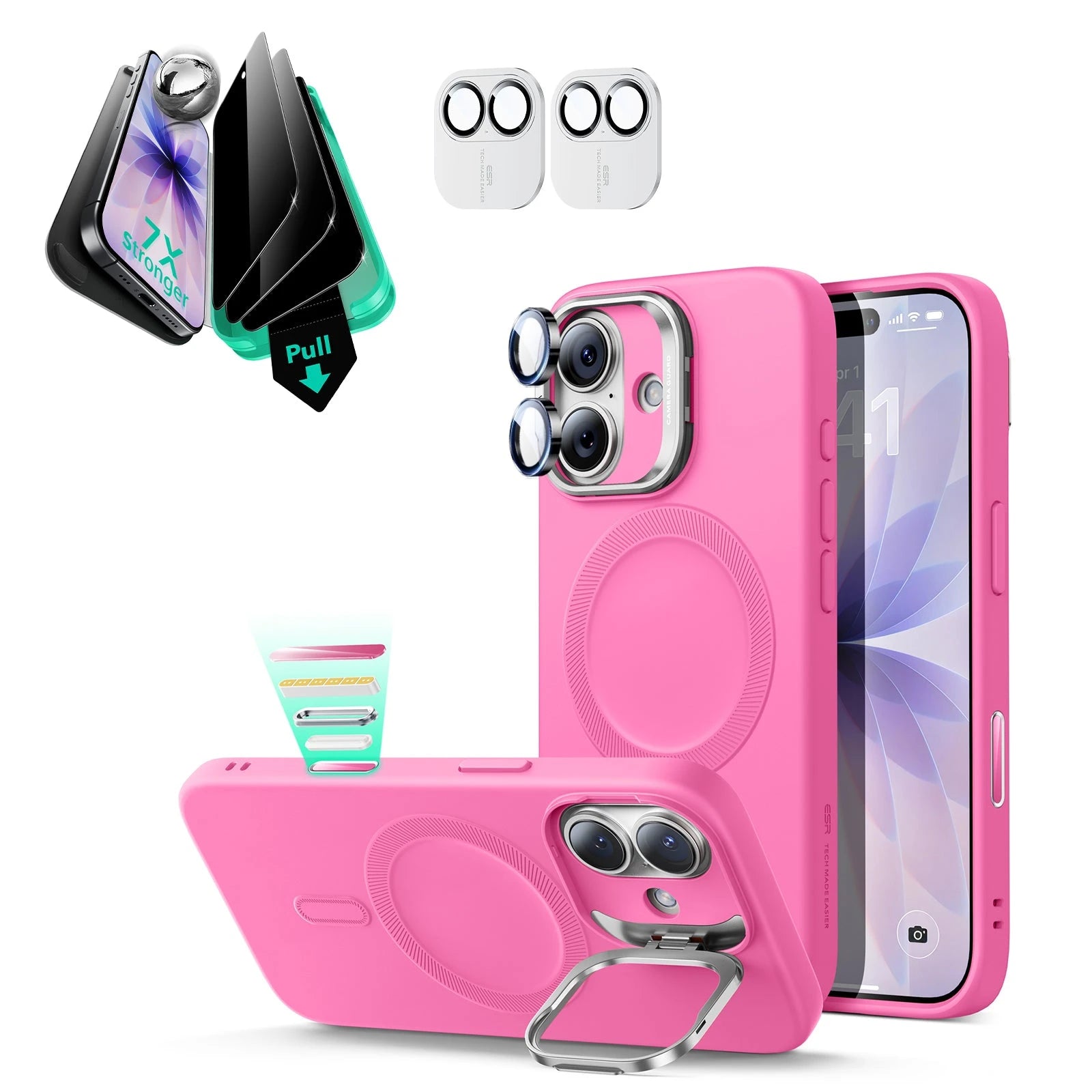 iPhone 17 Cloud Soft Magsafe Case With Stand and Privacy Screen Protector Bundle Pink