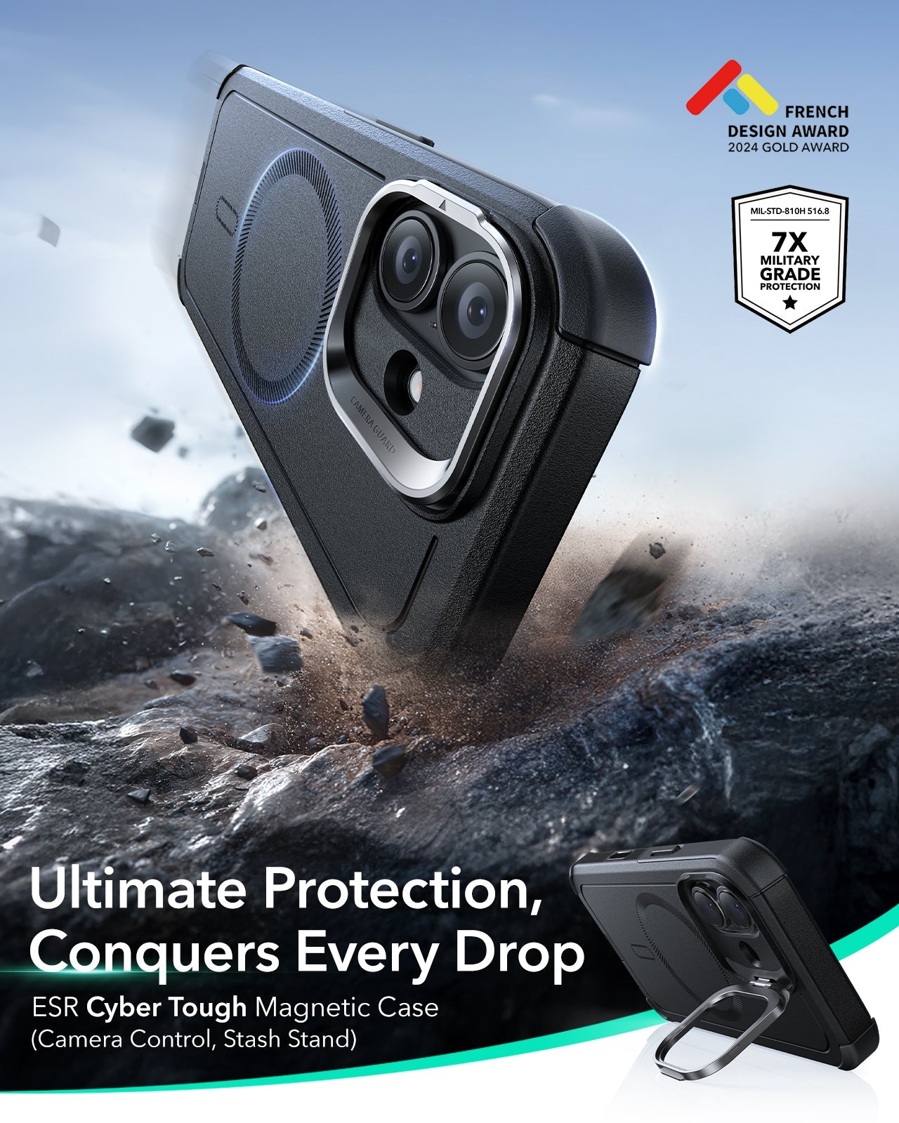 ESR iPhone 17 Cyber Tough Magsafe Case with Stand and Camera Control Black