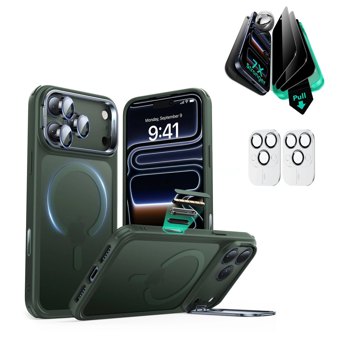 iPhone 17 Pro Classic Hybrid Magsafe Case with Stand and Privacy Screen Protector Bundle Frosted Green