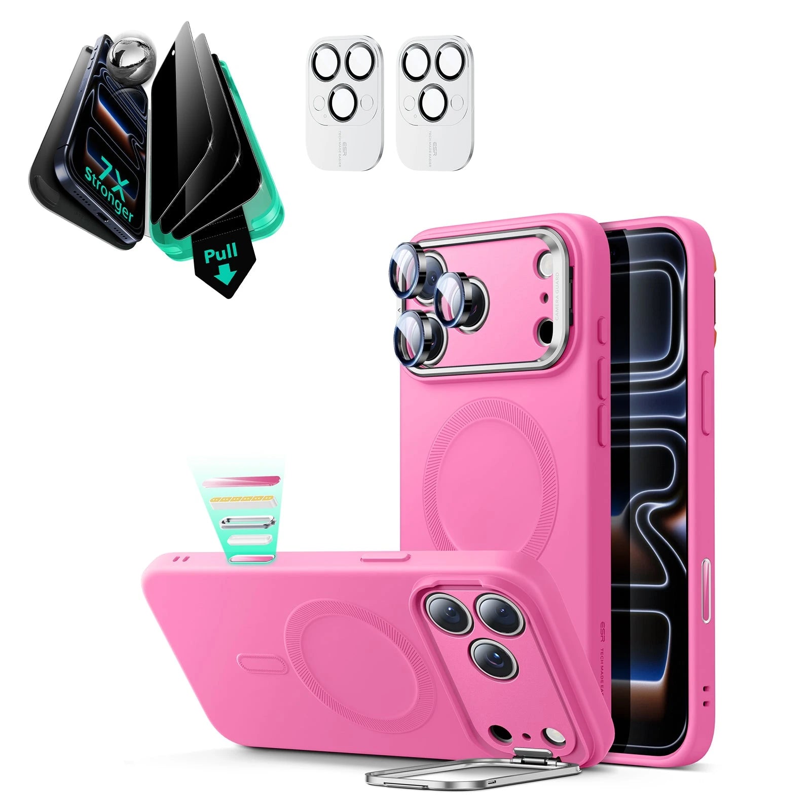iPhone 17 Pro Cloud Soft Magsafe Case With Stand and Privacy Screen Protector Bundle Pink