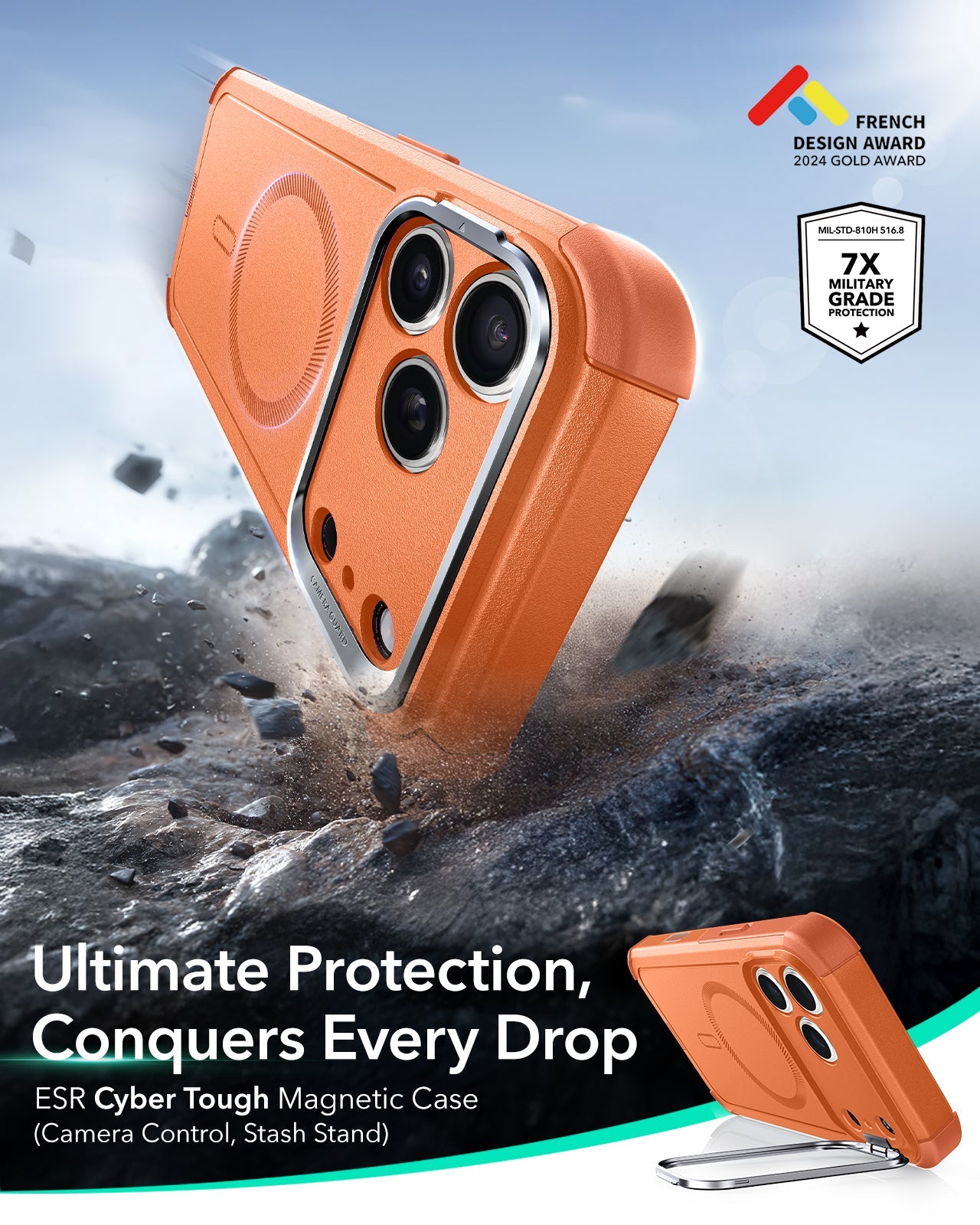 ESR iPhone 17 Pro Cyber Tough Magsafe Case with Stand and Camera Control Orange