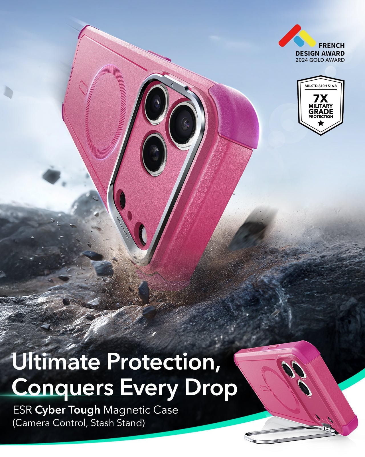 ESR iPhone 17 Pro Cyber Tough Magsafe Case with Stand and Camera Control Pink