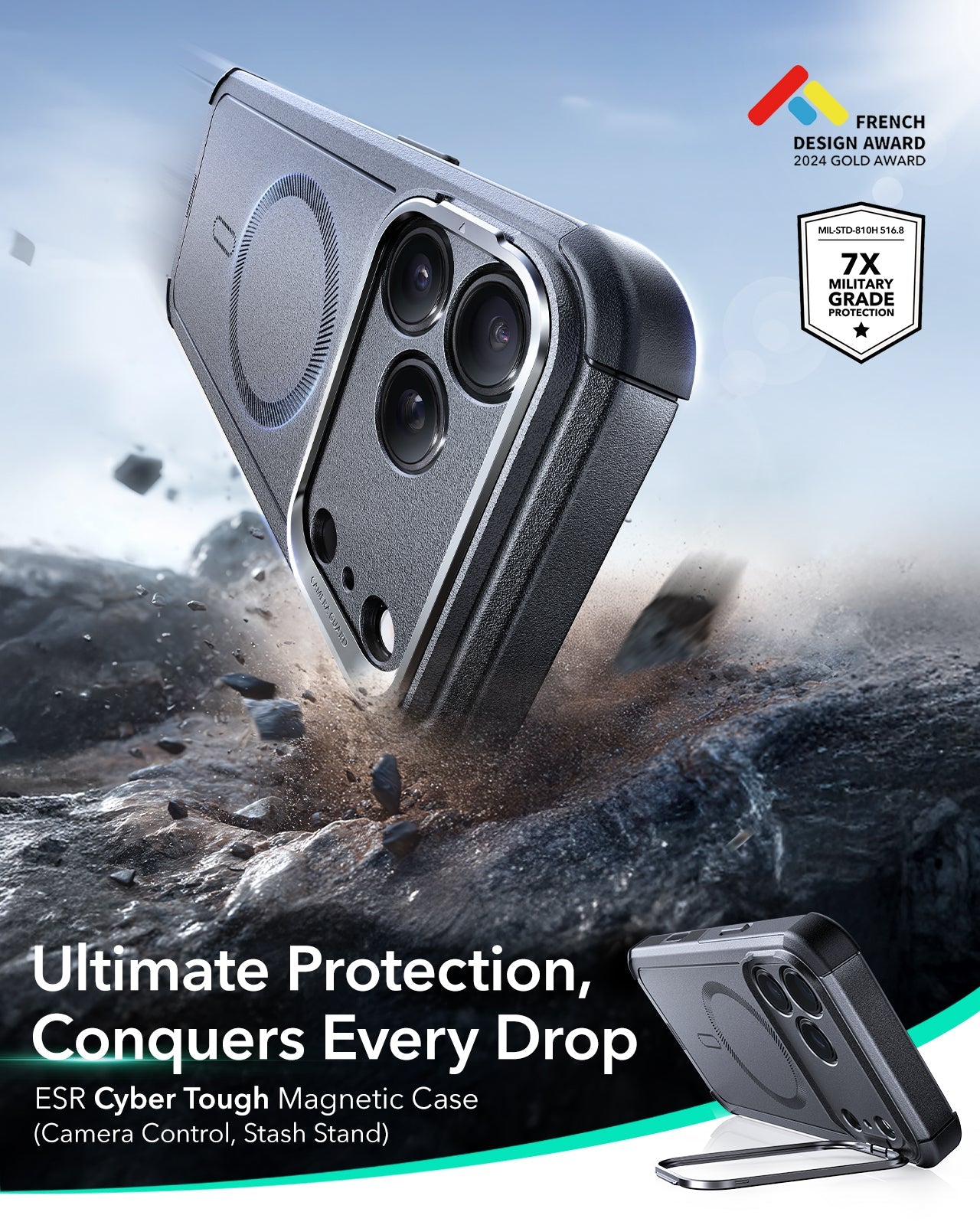 ESR iPhone 17 Pro Cyber Tough Magsafe Case with Stand and Camera Control Gray