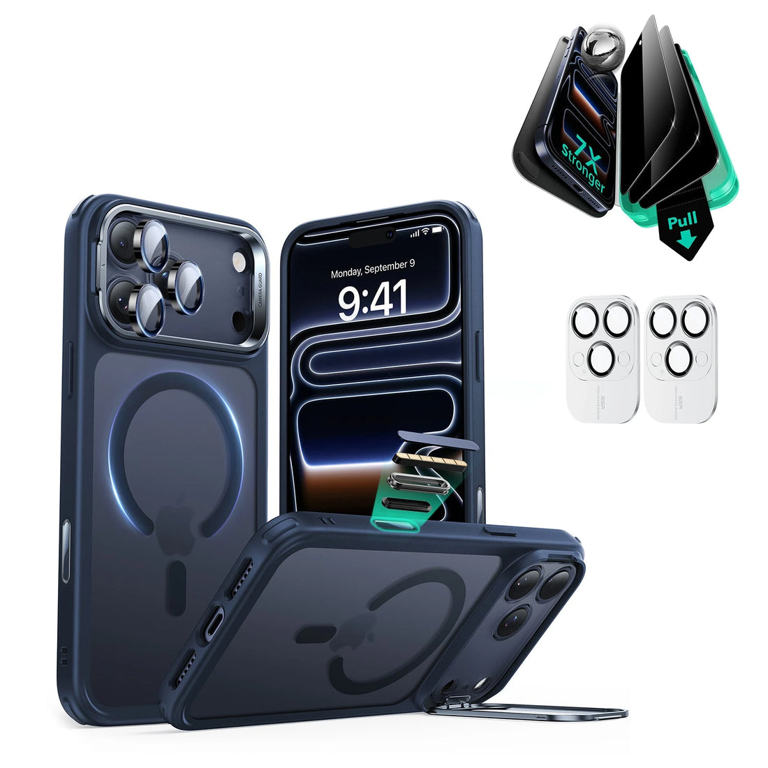 iPhone 17 Pro Max Classic Hybrid Magsafe Case with Stand and Privacy Screen Protector Bundle Frosted Blue