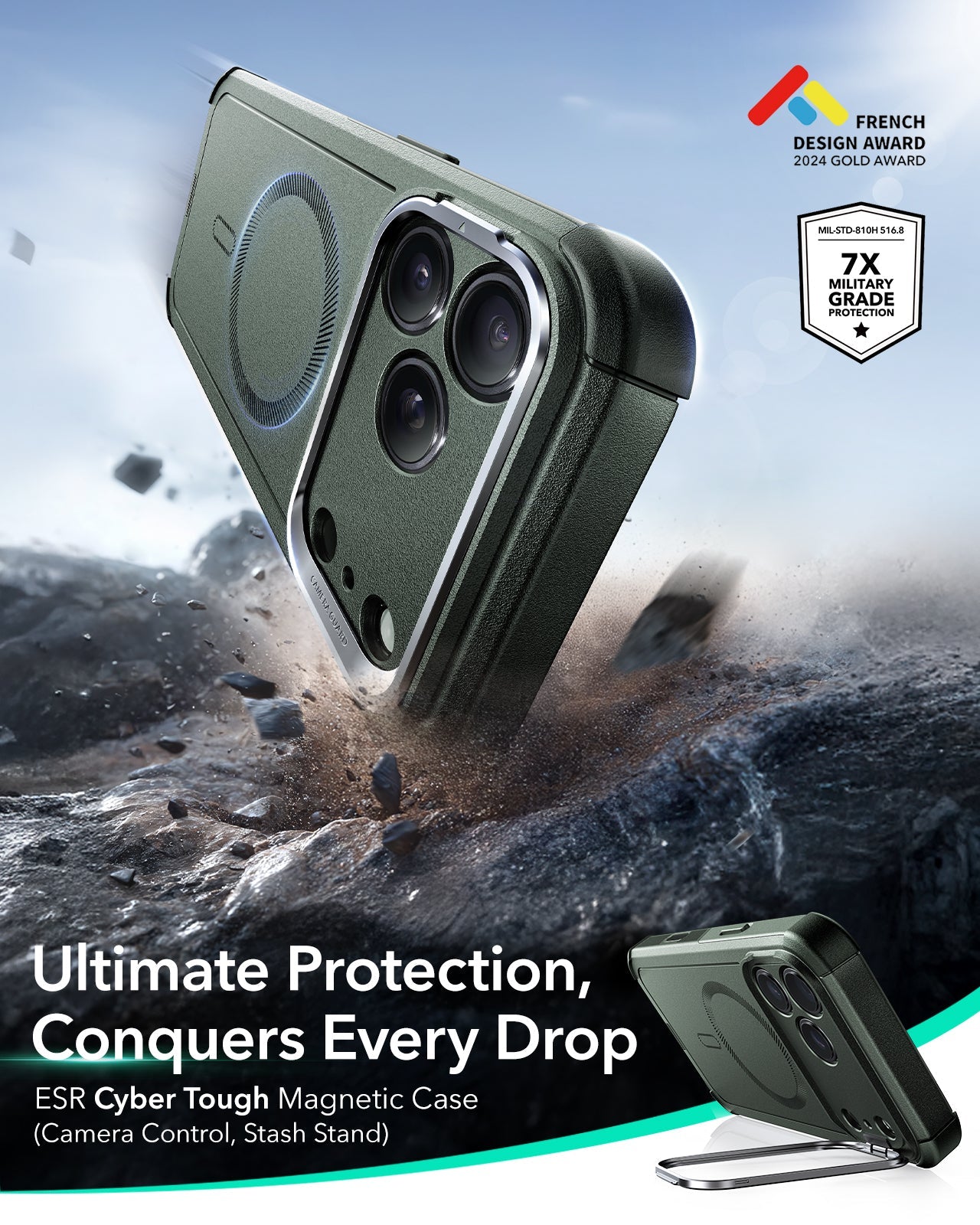 ESR iPhone 17 Pro Max Cyber Tough Magsafe Case with Stand and Camera Control Green