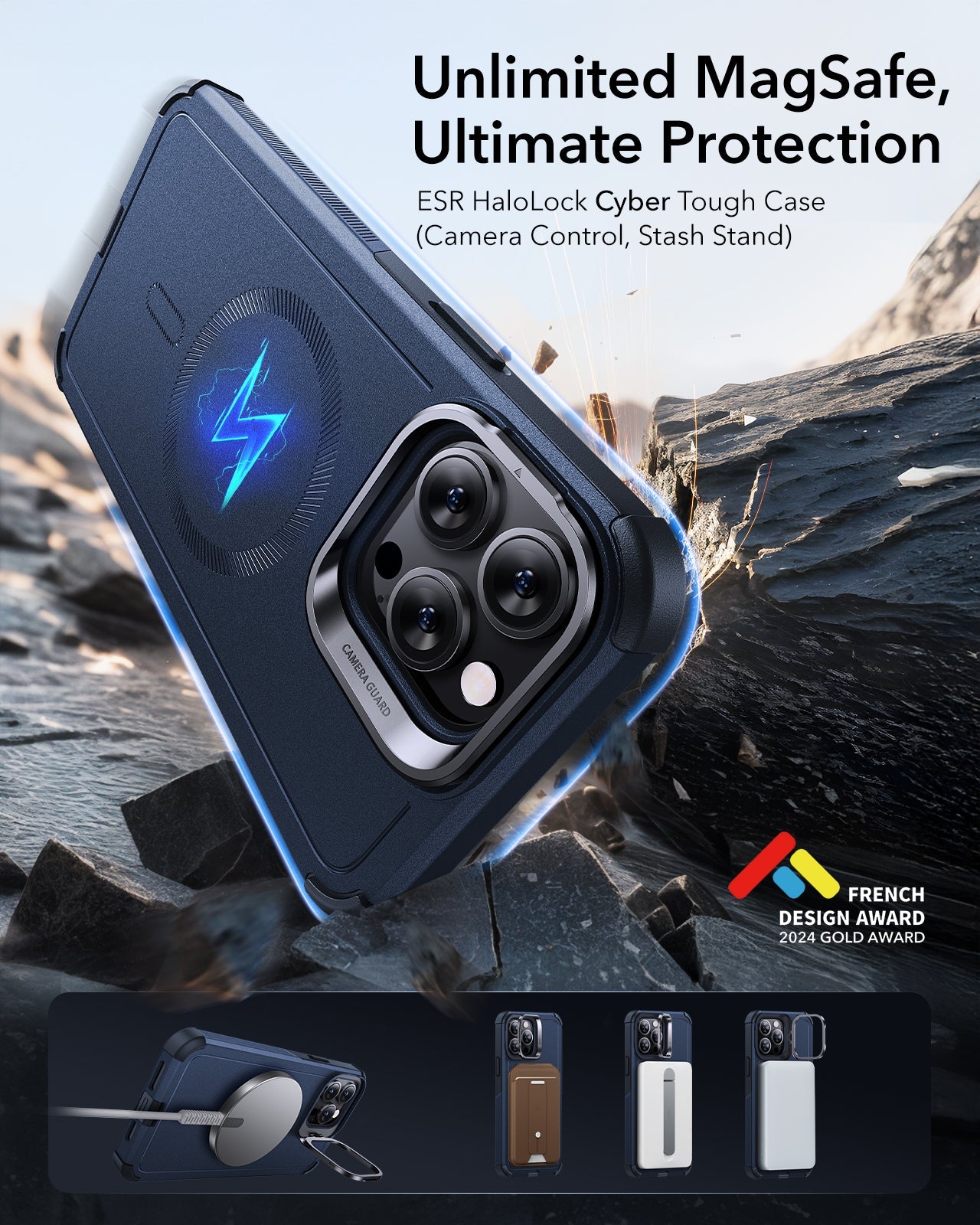 iPhone 13 Pro Max Cyber Tough Magnetic Case (Stash Stand) - Dark Blue ESR ESR