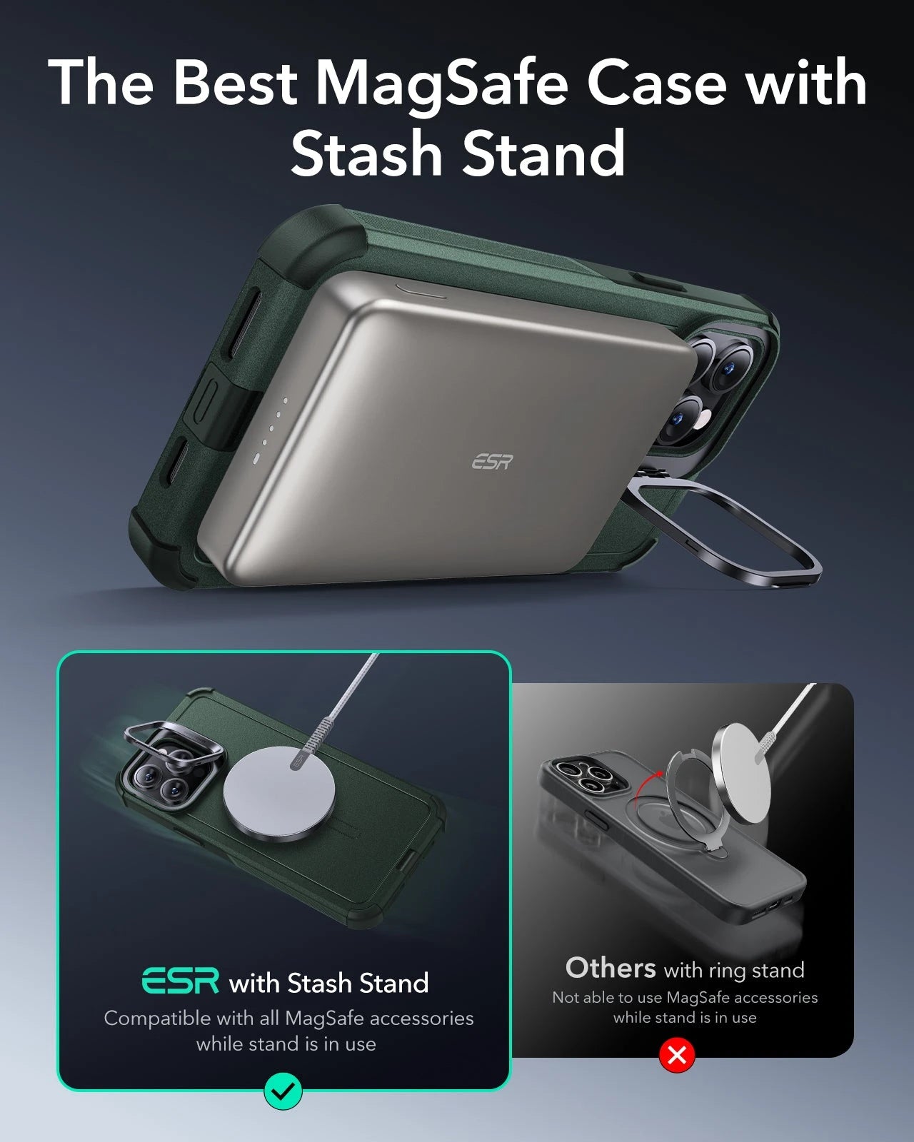 iPhone 14 Pro Cyber Tough Magnetic Case (Stash Stand) - Green ESR ESR