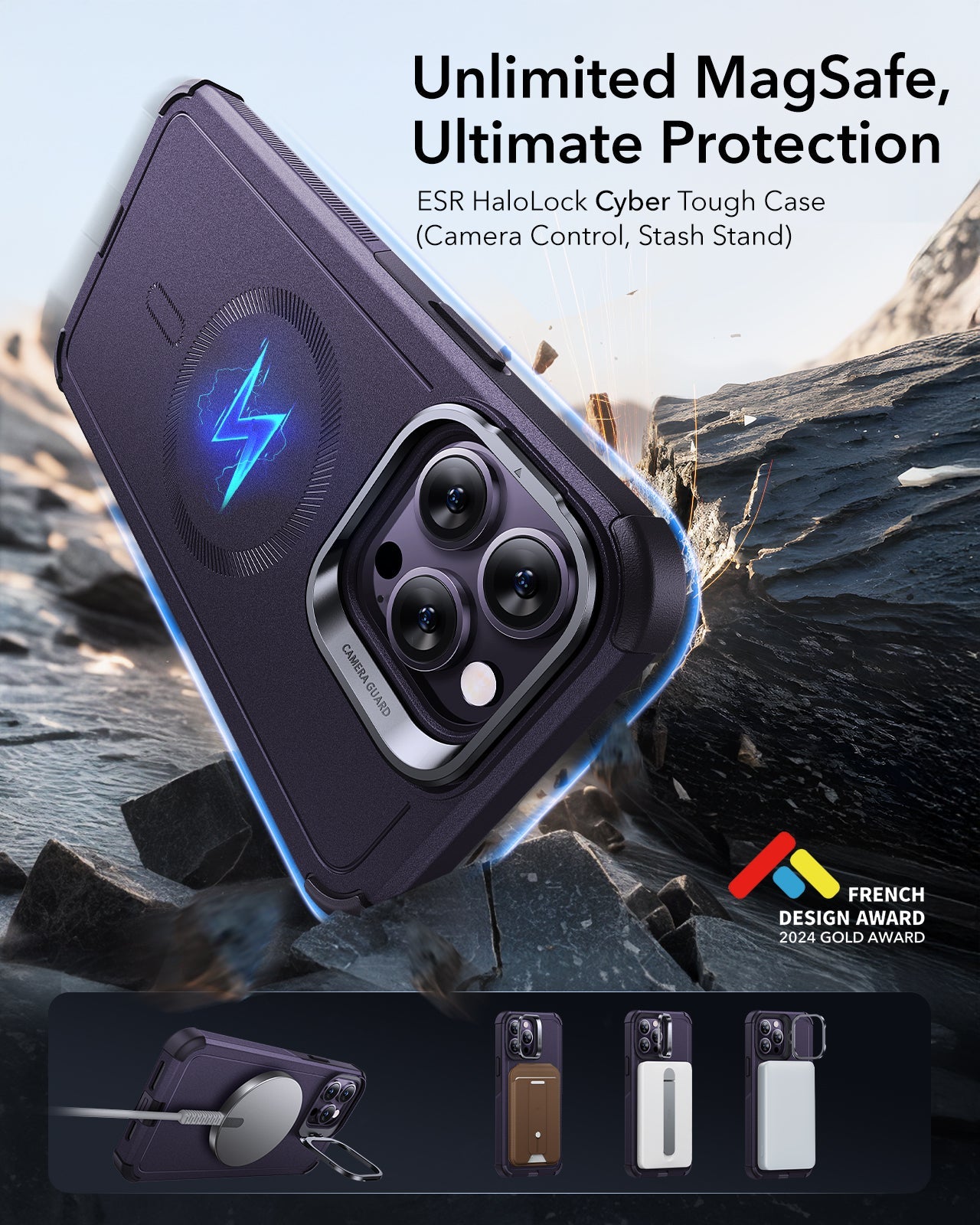iPhone 14 Pro Cyber Tough Magnetic Case (Stash Stand) - Purple ESR ESR