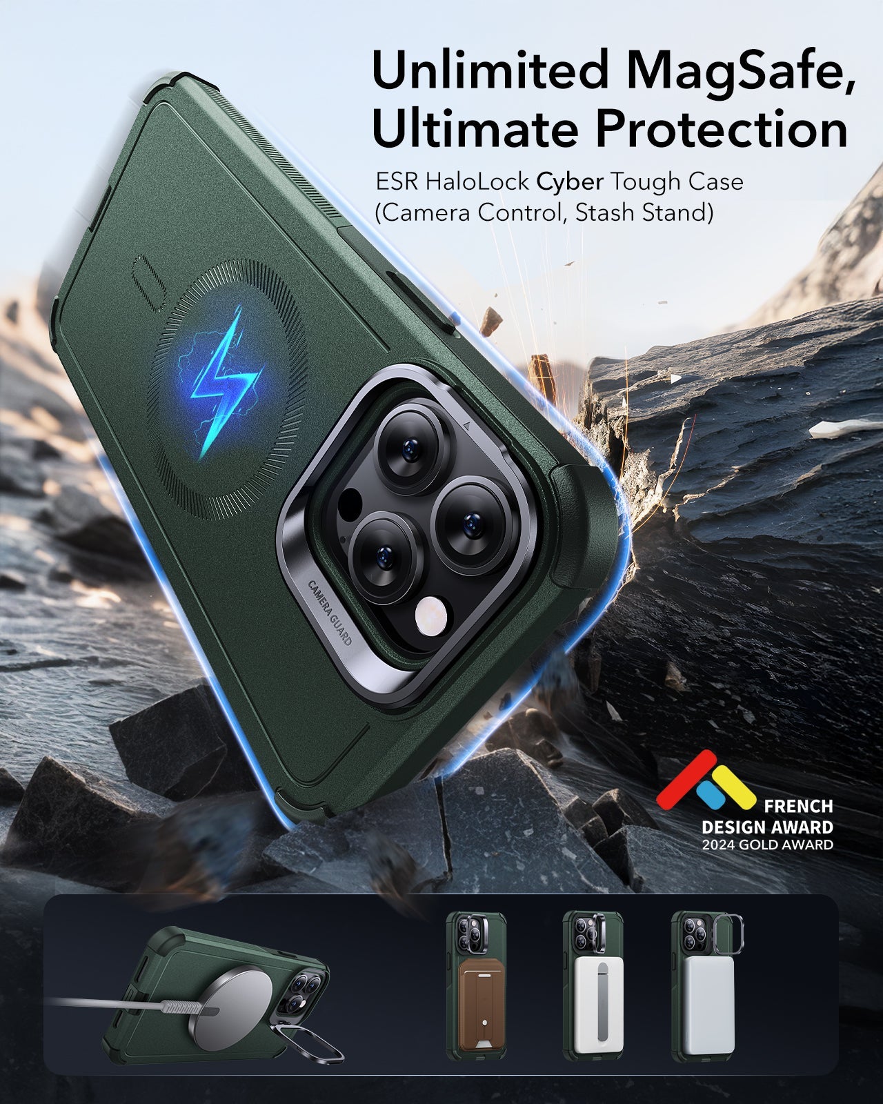 iPhone 14 Pro Max Cyber Tough Magnetic Case (Stash Stand) - Green ESR ESR