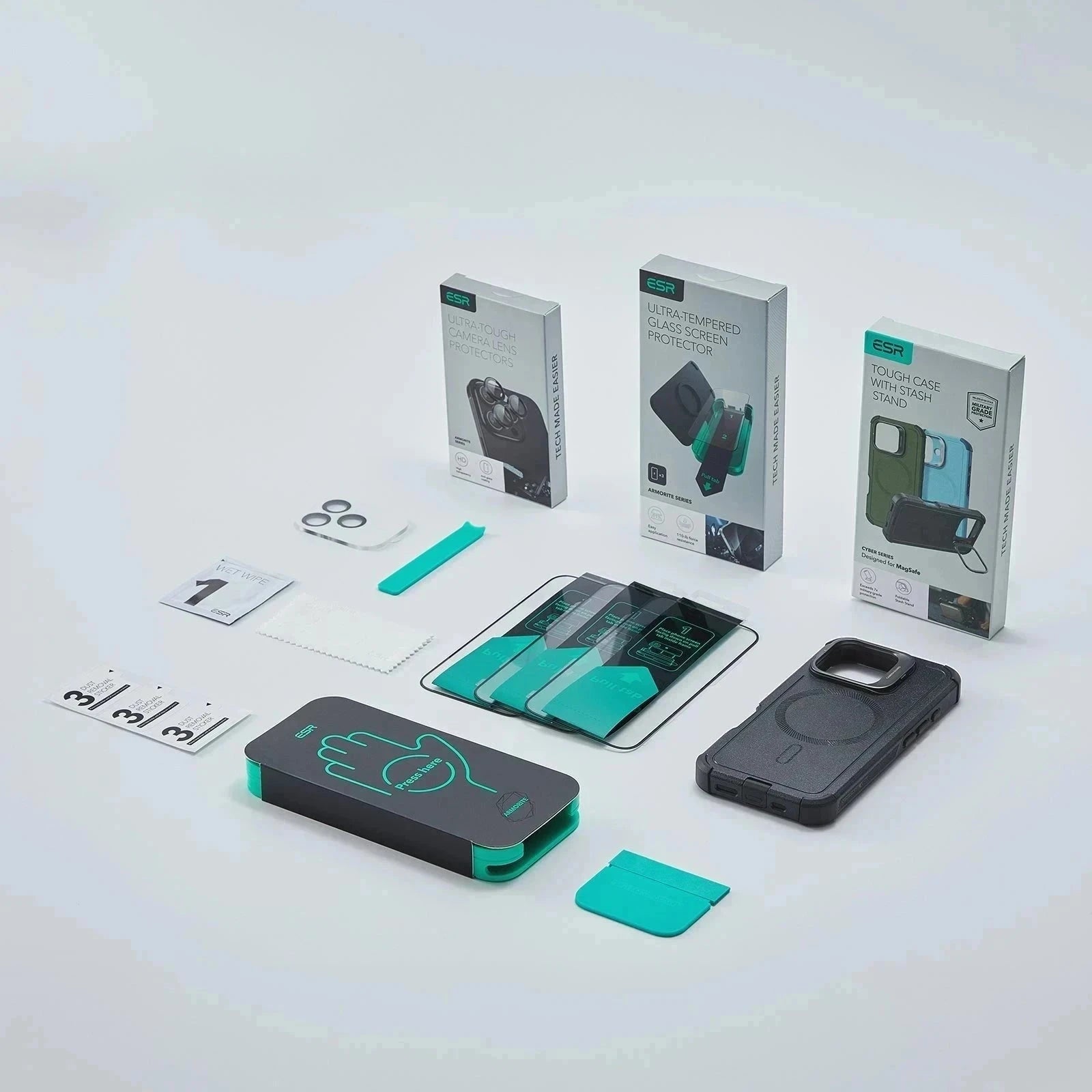 iPhone 16 Cyber Tough Magnetic Case Protection Bundle (Camera Control, Stash Stand) - Black ESR ESR