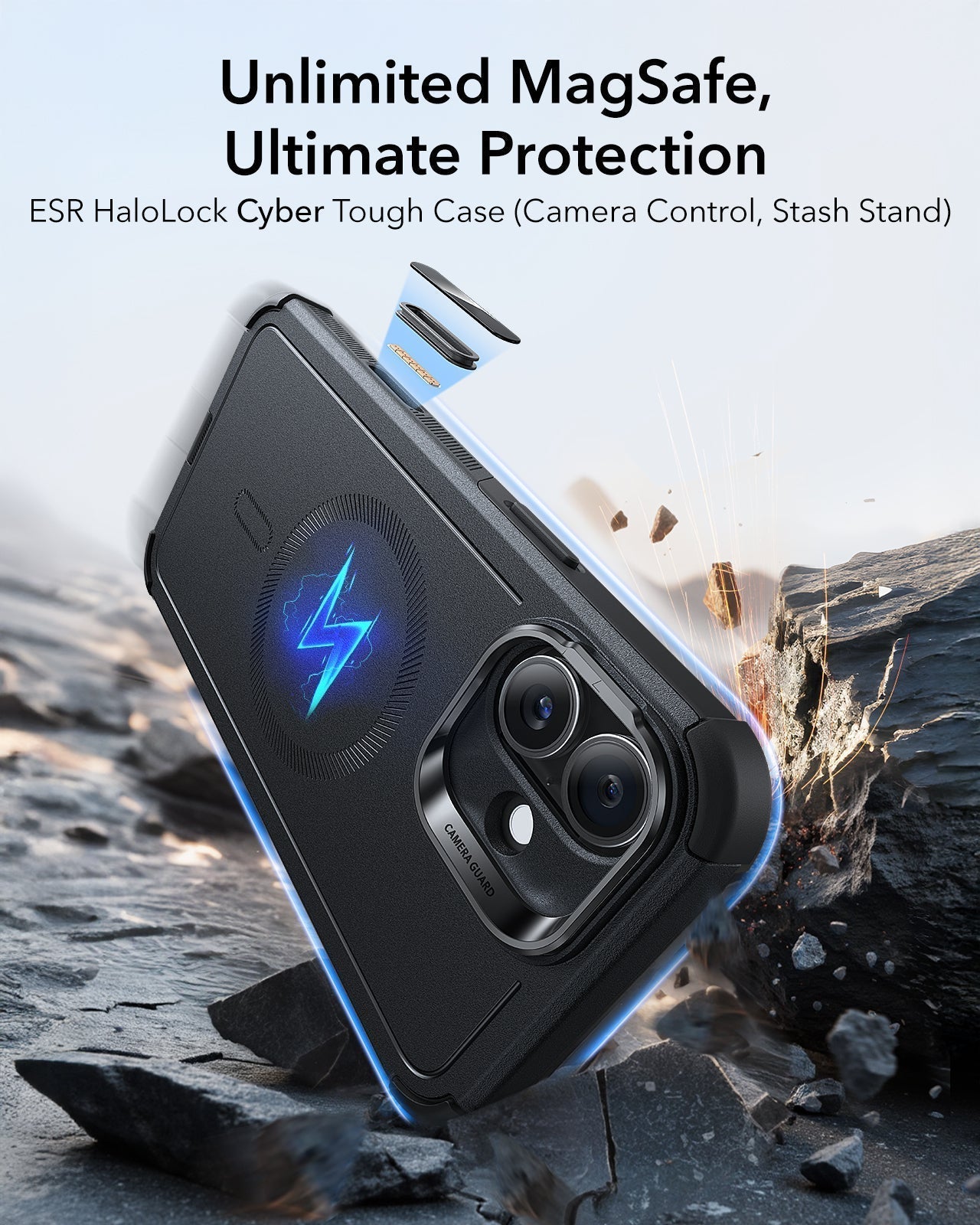 iPhone 16 Cyber Tough Magnetic Case Protection Bundle (Camera Control, Stash Stand) - Black ESR ESR