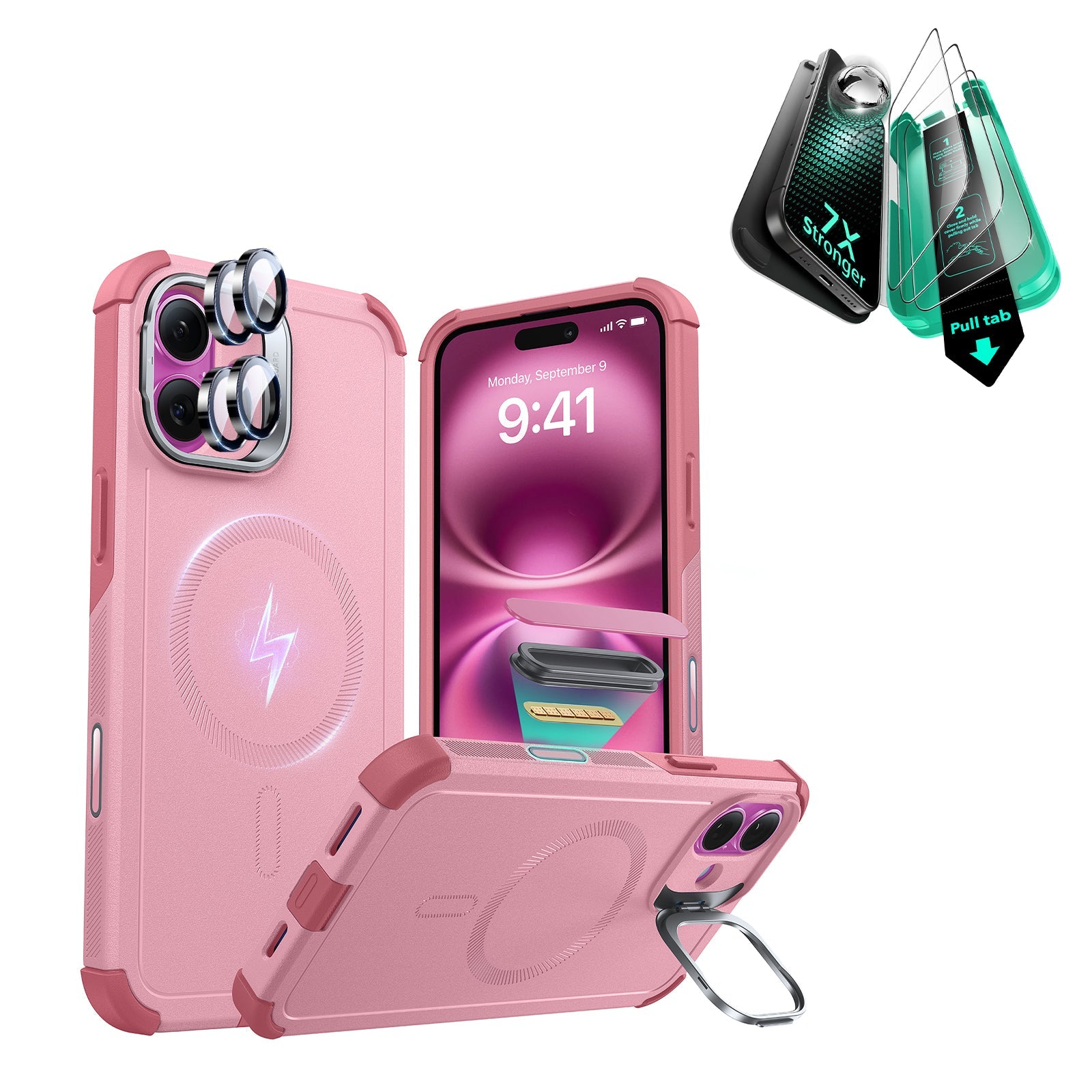 iPhone 16 Cyber Tough Magnetic Case Protection Bundle (Camera Control, Stash Stand) - Pink ESR ESR