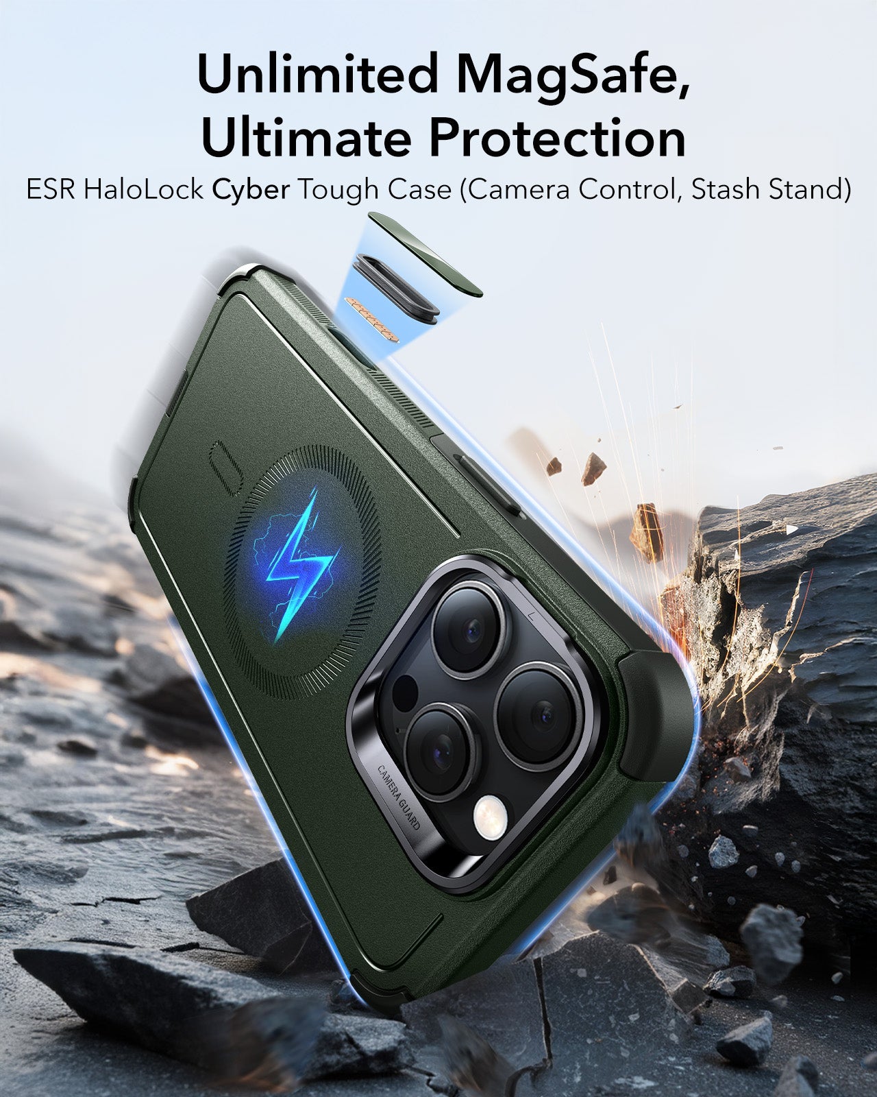 iPhone 16 Pro Max Cyber Tough Magnetic Case (Camera Control, Stash Stand) - Army Green ESR ESR