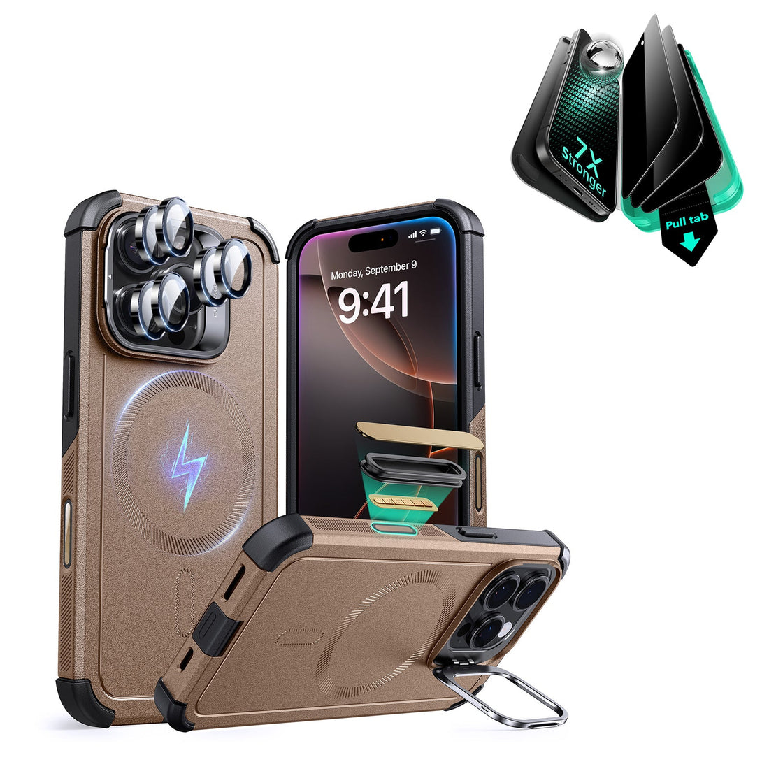 iPhone 16 Pro Max Cyber Tough Magnetic Case Privacy Protection Bundle (Camera Control, Stash Stand) - Desert Titanium ESR ESR
