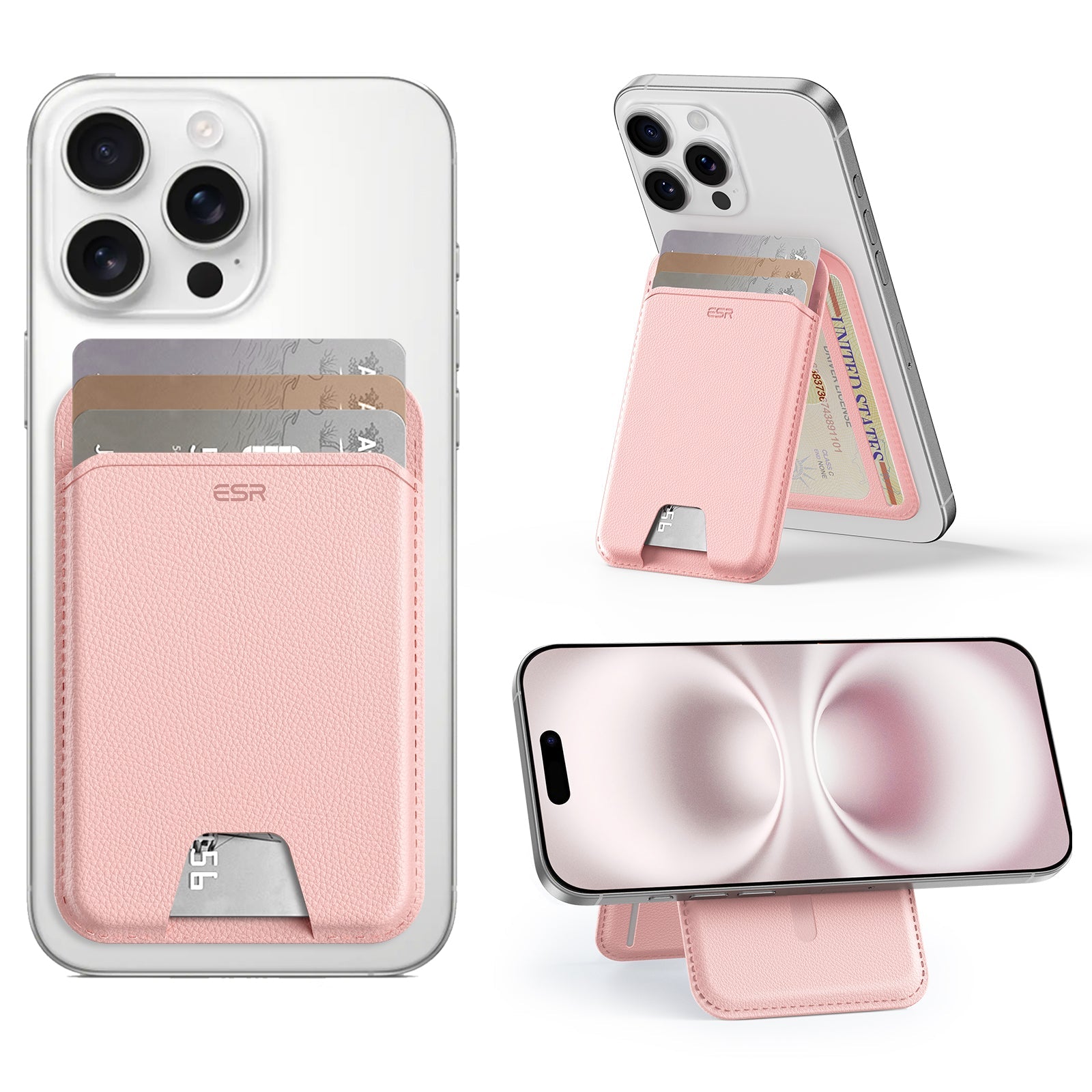 Pink MagSafe Phone Card Holder with Built-in Stand - ESR Aura Pink MagSafe Phone Card Holder with Built-in Stand - ESR Aura