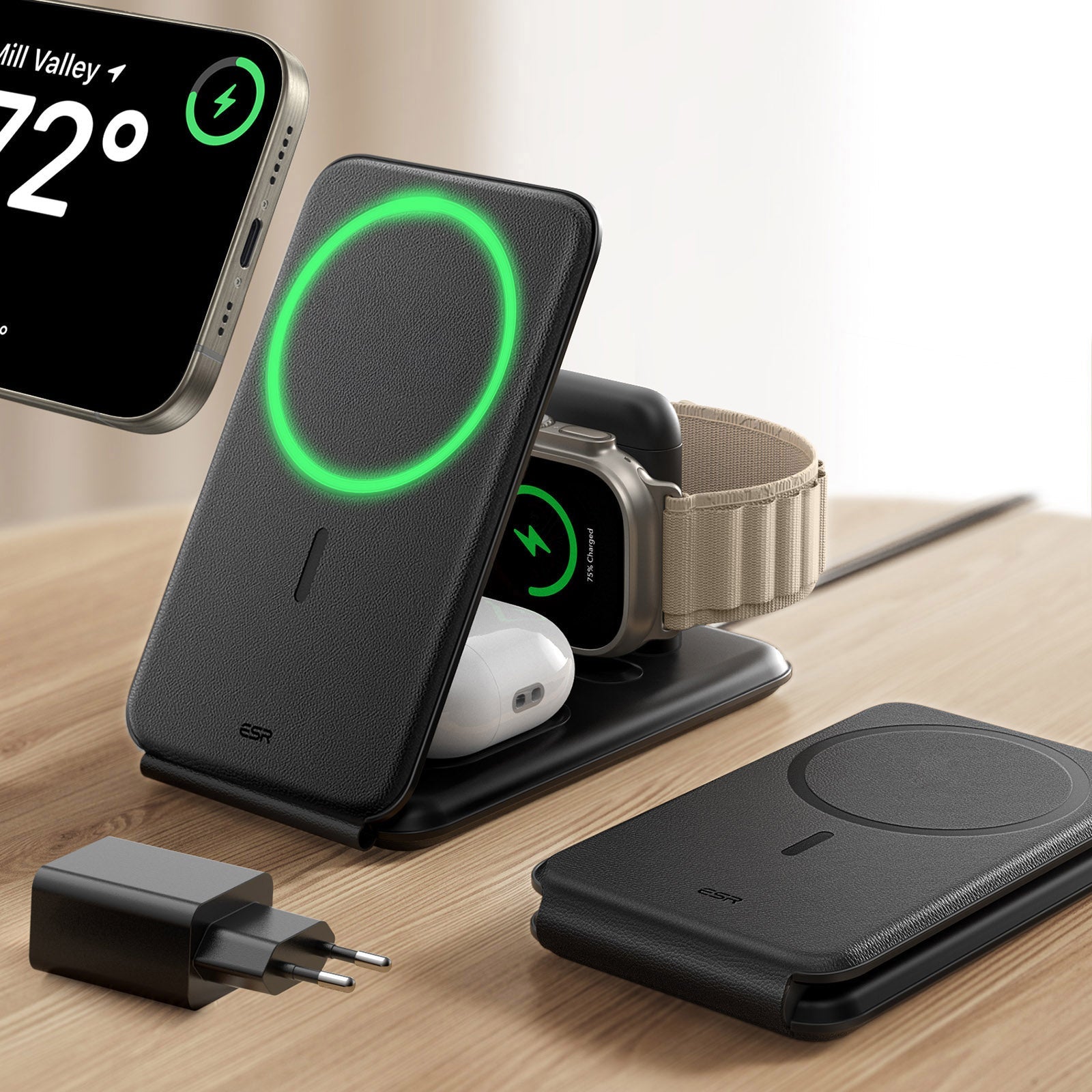 15W 3-in-1 Travel Wireless Charging Set - Black - EU Plug ESR ESR