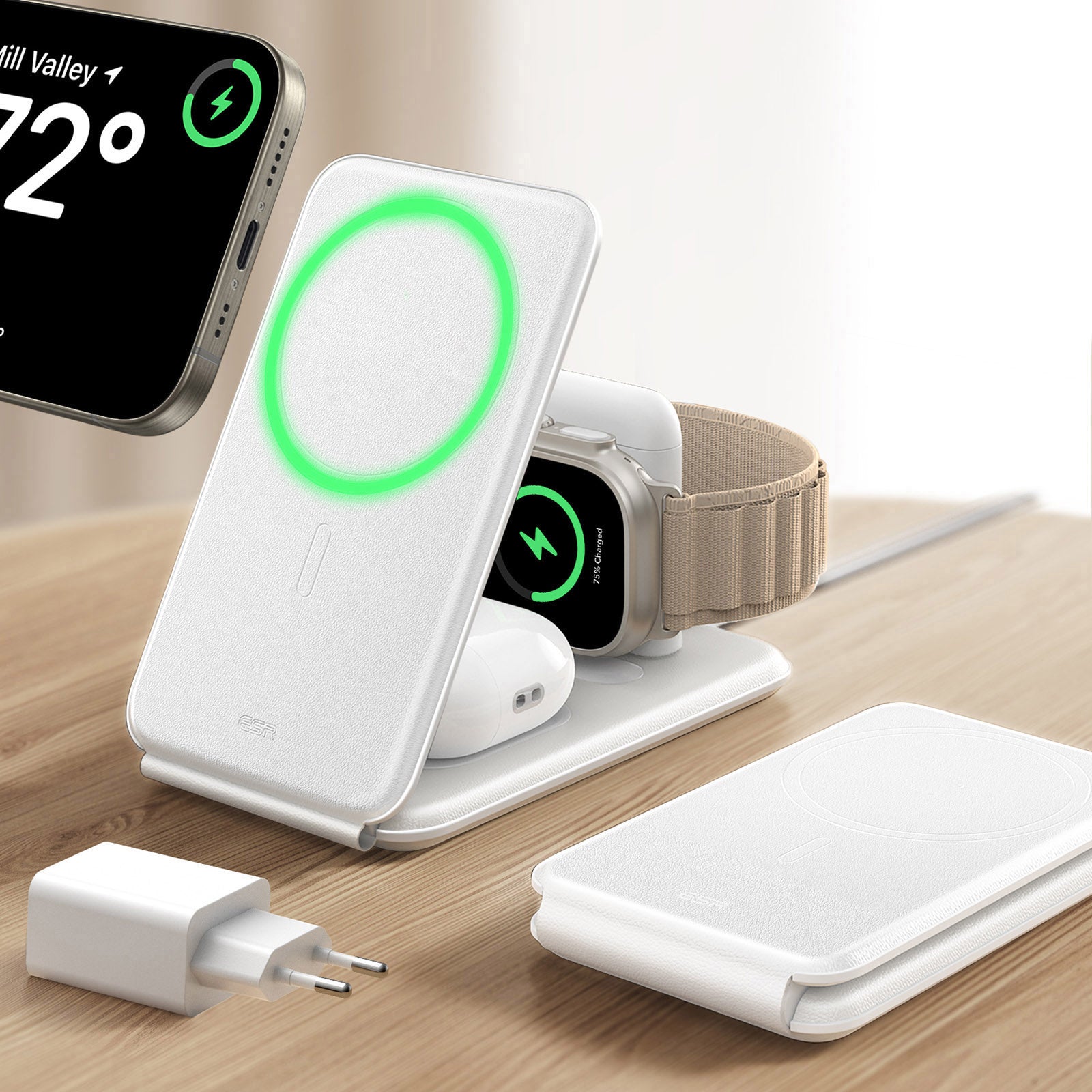 15W 3-in-1 Travel Wireless Charging Set - White - EU Plug ESR ESR
