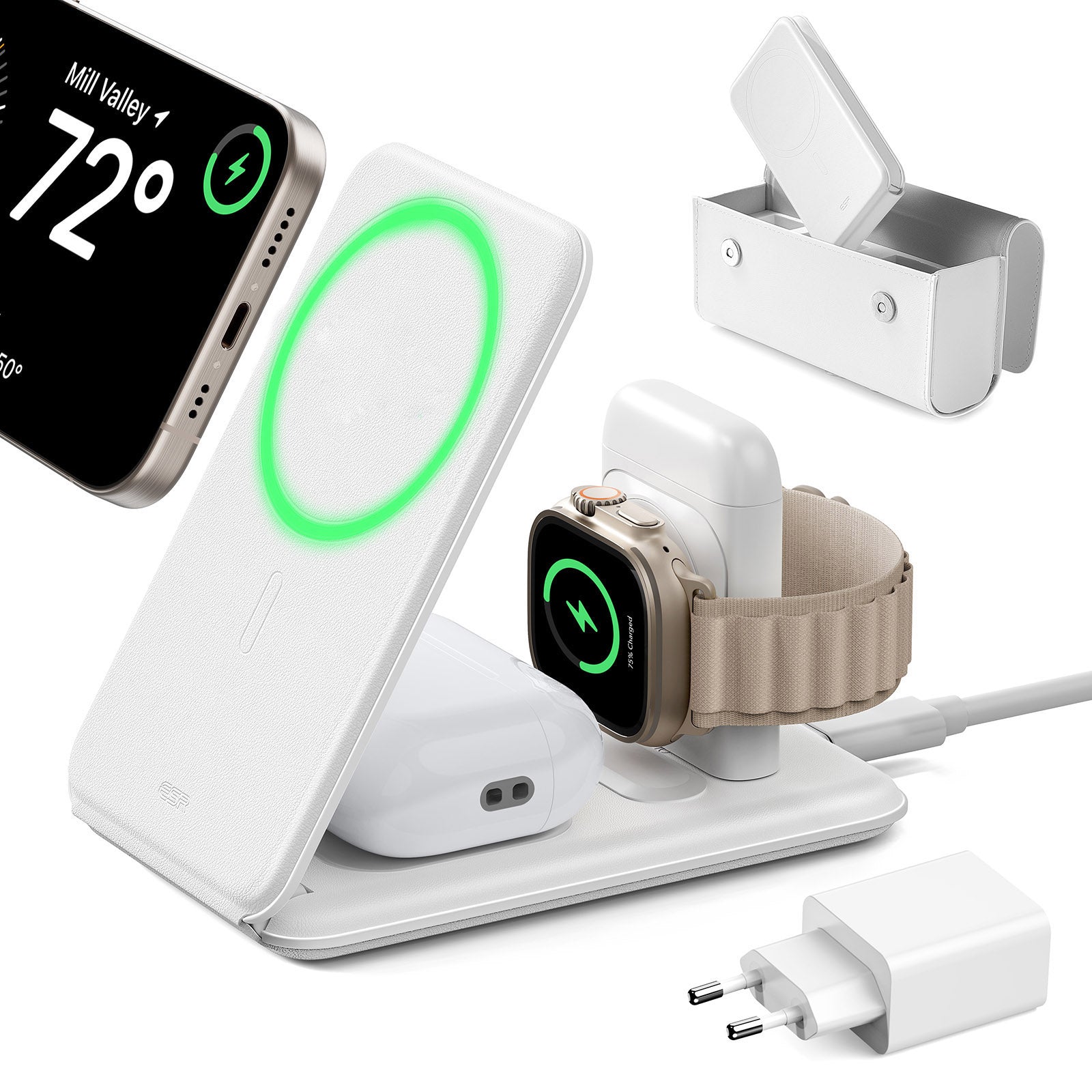 15W 3-in-1 Travel Wireless Charging Set (Bag Included) - White - EU Plug ESR ESR