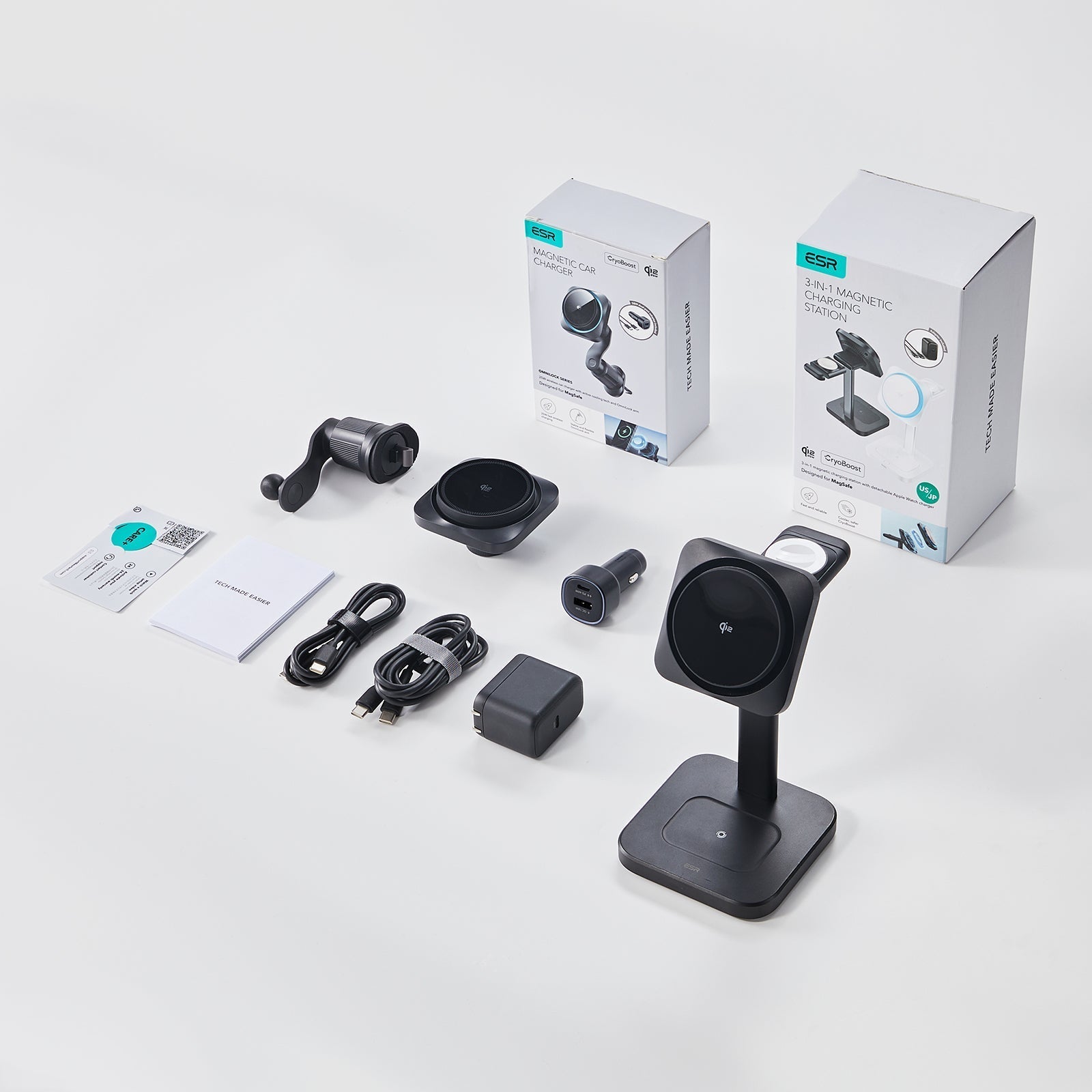 15W 3-in-1 Wireless Charging Station with CryoBoost (HaloLock) & Car Charger (Air Vent)  Bundle - Black - US Plug