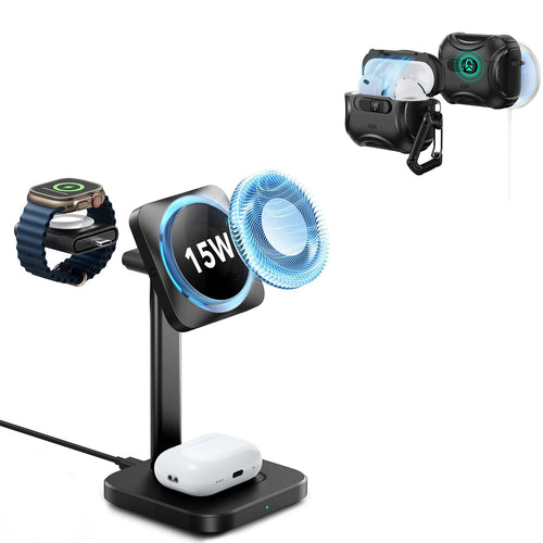 15W 3-in-1 Wireless Charging Station with CryoBoost (HaloLock) & AirPods Pro 3 Cyber FlickLock Case Bundle - Black - US Plug