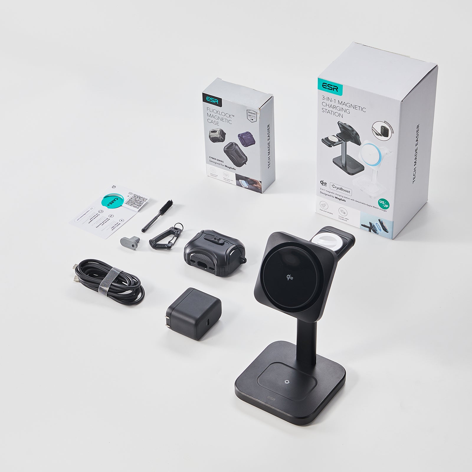15W 3-in-1 Wireless Charging Station with CryoBoost (HaloLock) & AirPods Pro 3 Cyber FlickLock Case Bundle - Black - US Plug
