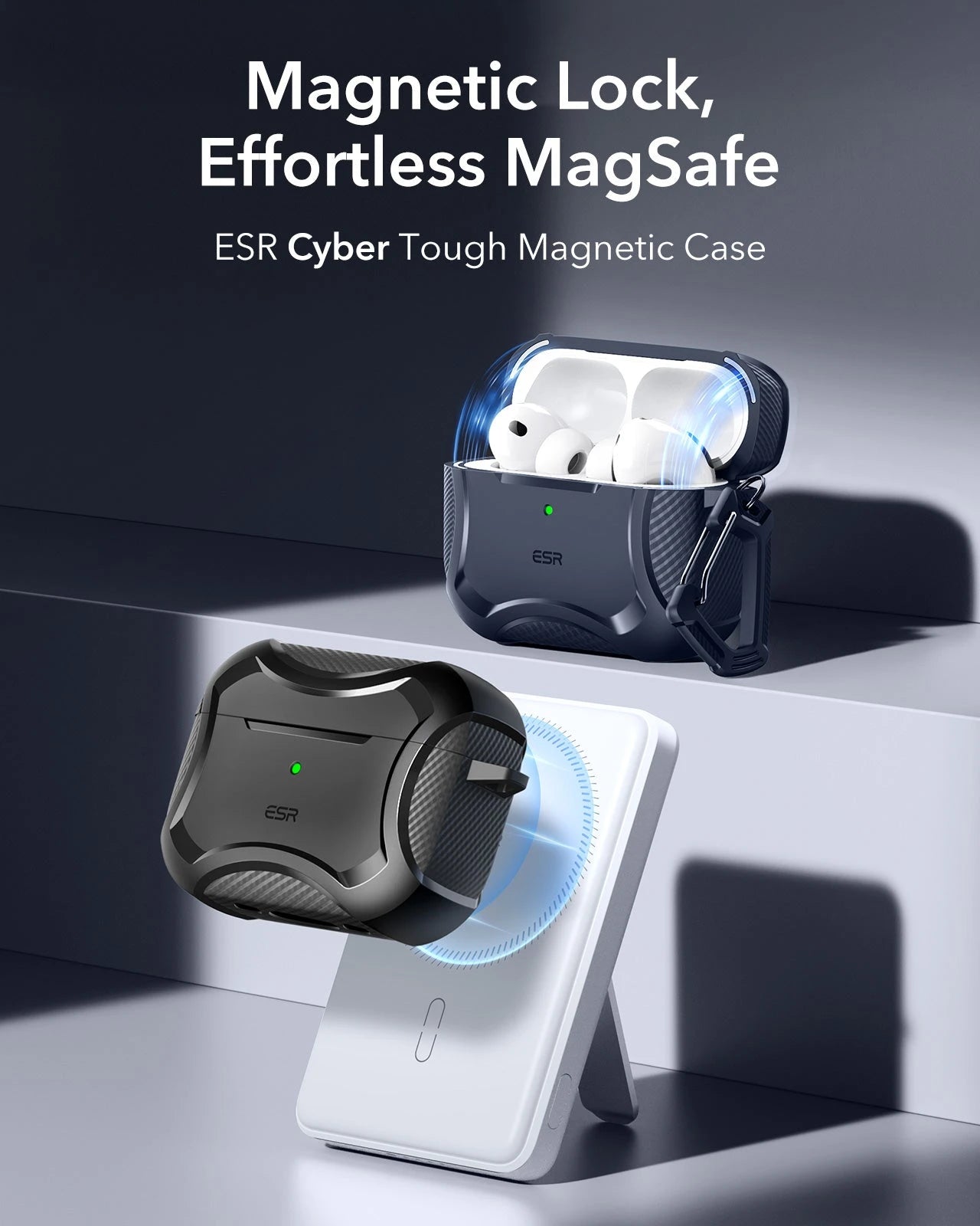 15W 3-in-1 Wireless Charging Station with CryoBoost (HaloLock) and AirPods Pro 3 Cyber Tough Case Bundle - Black - US Plug ESR ESR