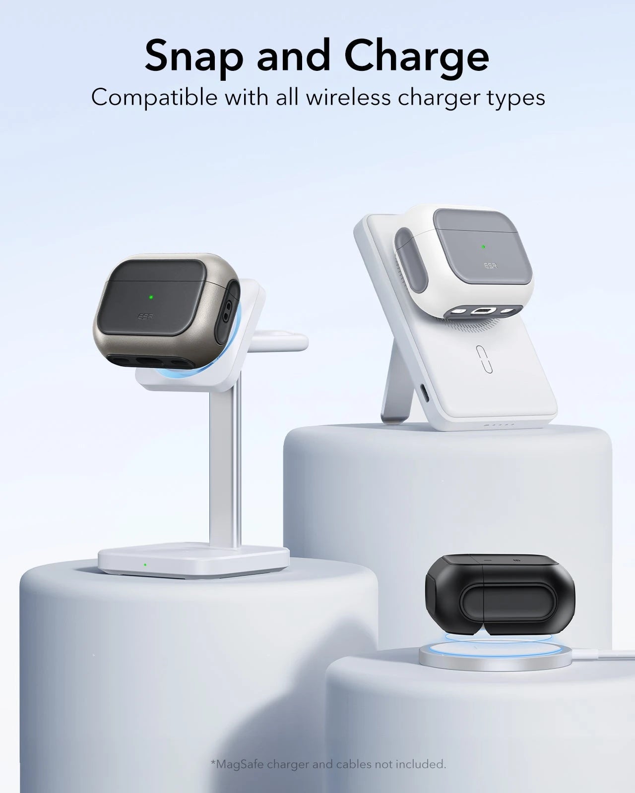 15W 3-in-1 Wireless Charging Station with CryoBoost (HaloLock) and AirPods Pro 3 Orbit Hybrid Case Bundle - Black - US Plug ESR ESR