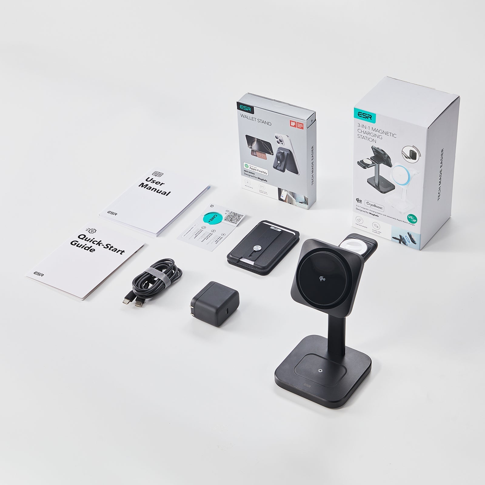 15W 3-in-1 Wireless Charging Station with CryoBoost (HaloLock) and Wallet Stand Bundle - Black - US Plug