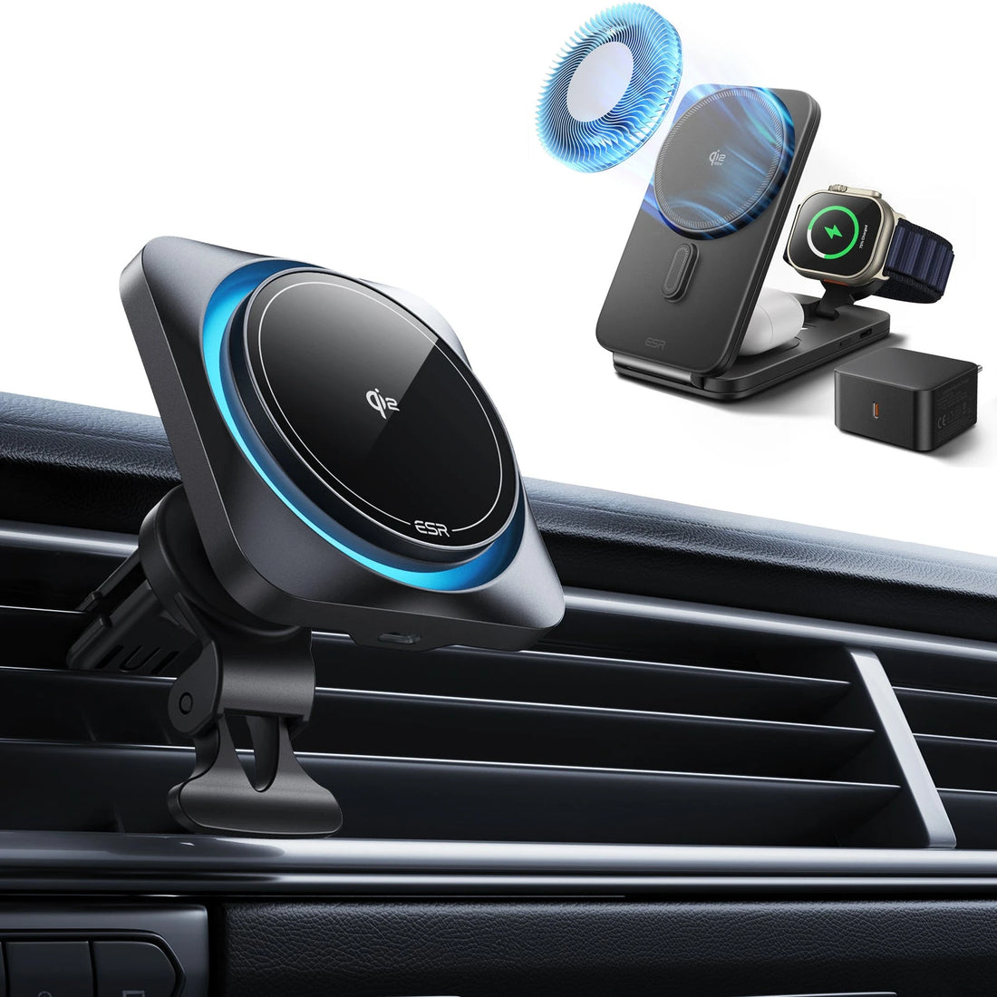 15W CryoBoost Car Charger and 25W Foldable 3-in-1 Charger Bundle - EU Plug–Black