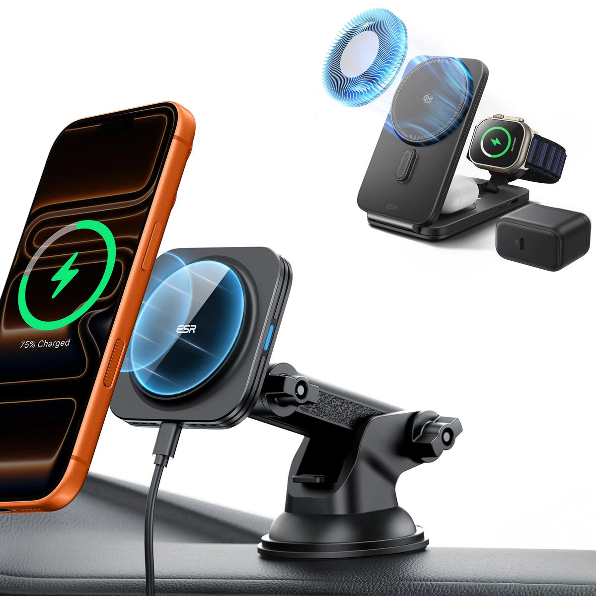 15W Dashboard Wireless Car Charger and 25W CryoBoost Foldable 3-in-1 Charger Bundle - US Plug–Black