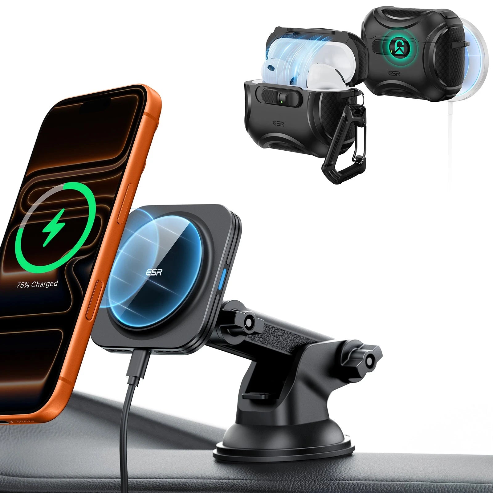 15W Dashboard Wireless Car Charger and AirPods Pro 3 FlickLock Case Bundle-Black
