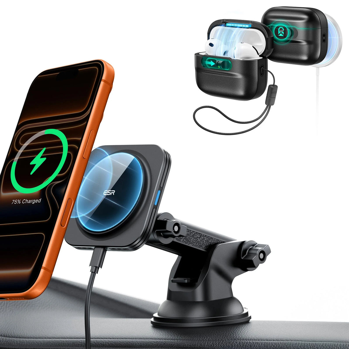15W Dashboard Wireless Car Charger and AirPods Pro 3 Pulse FlickLock Case Bundle-Black
