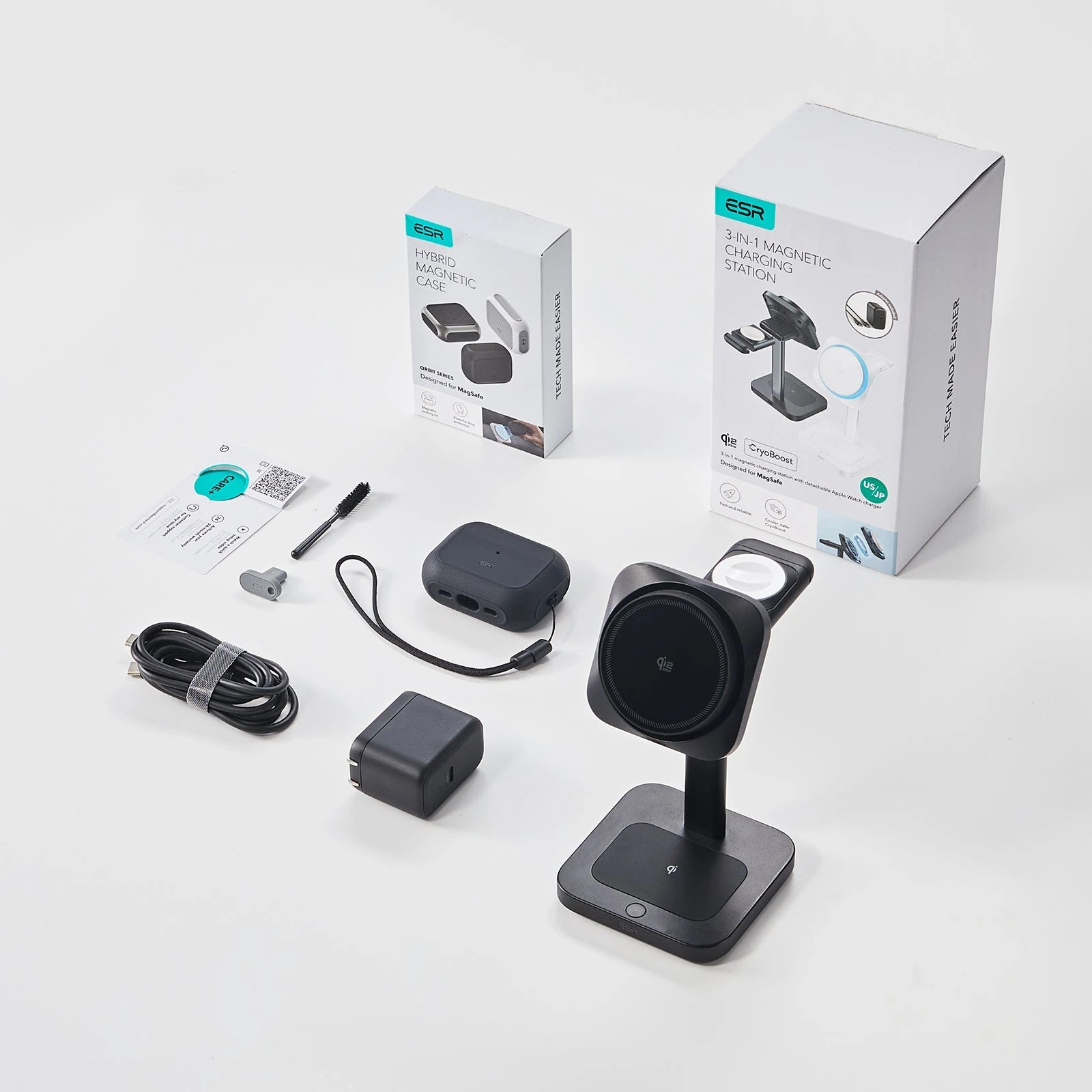 25W CryoBoost 3-in-1 Magnetic Charger (Qi2) and AirPods Pro 3 Orbit Hybrid Case Bundle - US Plug–White