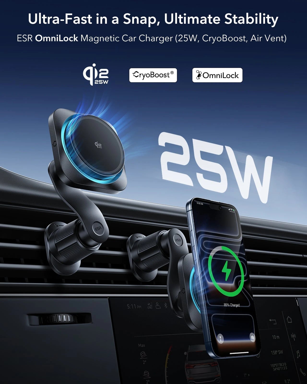 25W CryoBoost 3-in-1 Magnetic Charger (Qi2) and Car Charger (Air Vent)  Bundle - US Plug–White ESR ESR