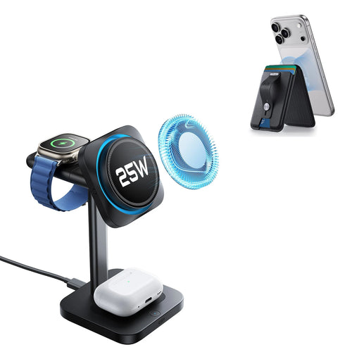 25W CryoBoost 3-in-1 Magnetic Charger (Qi2) and Wallet Stand Bundle - US Plug–Black