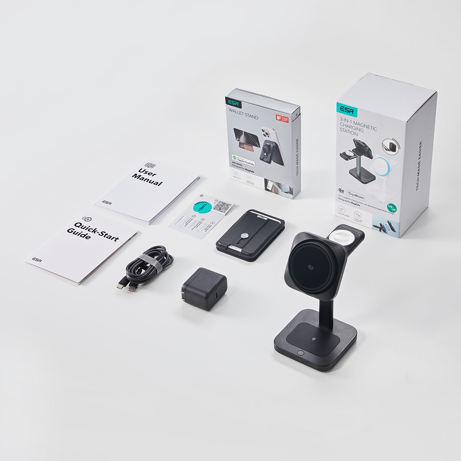 25W CryoBoost 3-in-1 Magnetic Charger (Qi2) and Wallet Stand Bundle - US Plug–Black
