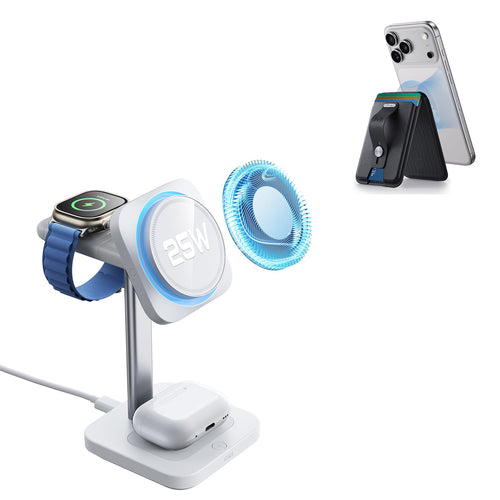 25W CryoBoost 3-in-1 Magnetic Charger (Qi2) and Wallet Stand Bundle - US Plug–White