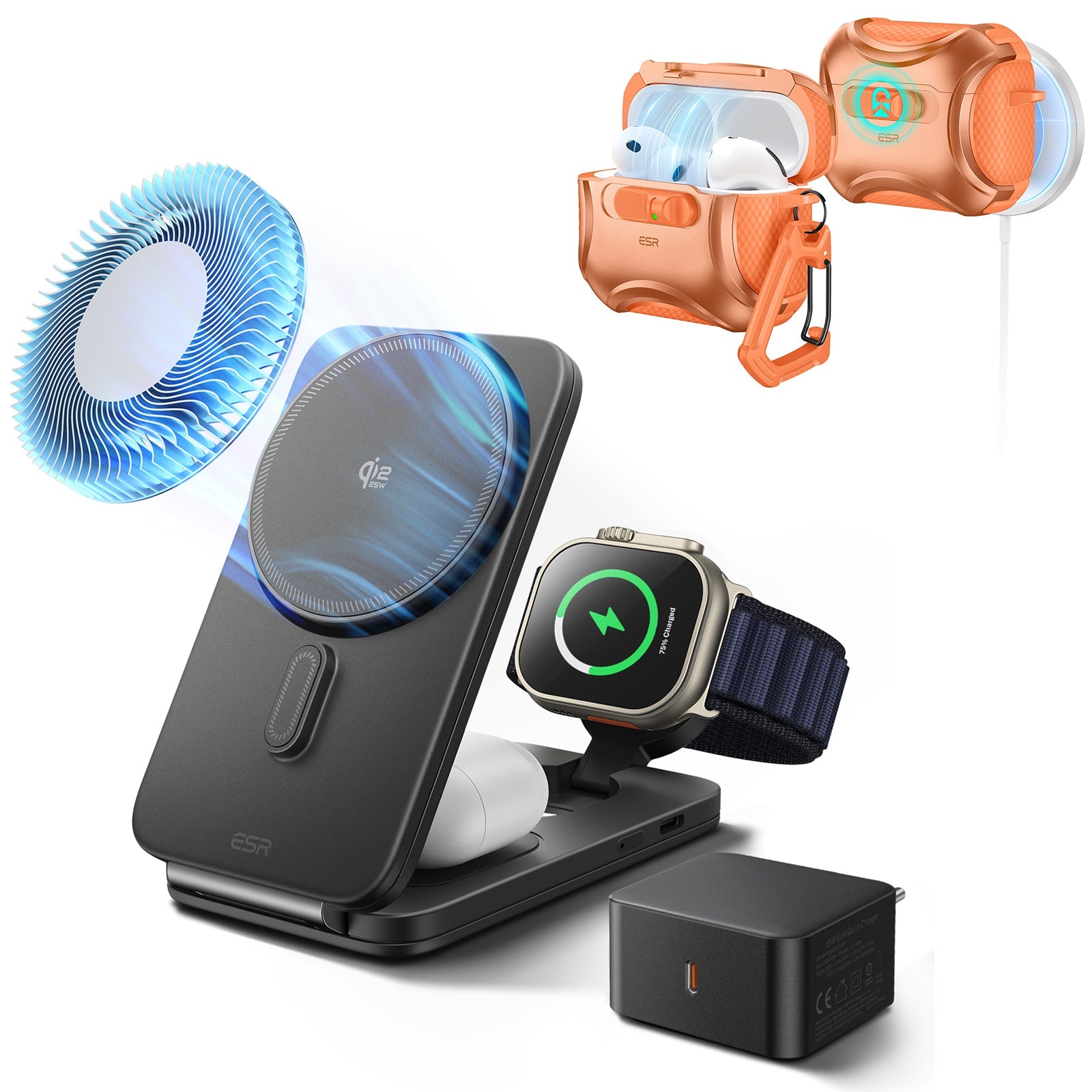 25W CryoBoost Foldable 3-in-1 Magnetic Charger and AirPods Pro 3 Cyber FlickLock Case Bundle– EU Plug-Black&Orange