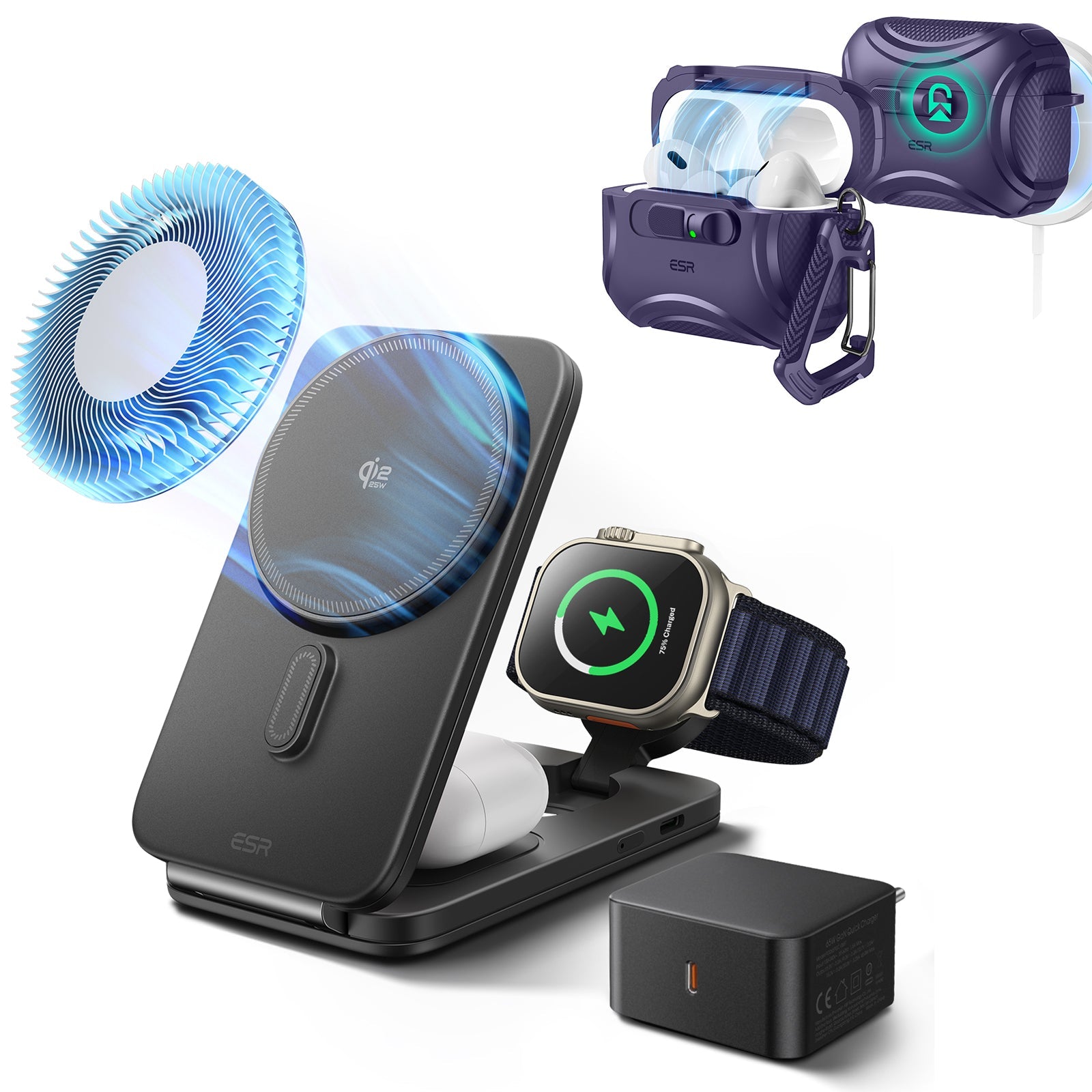 25W CryoBoost Foldable 3-in-1 Magnetic Charger and AirPods Pro 3 Cyber FlickLock Case Bundle– EU Plug-Black&Purple