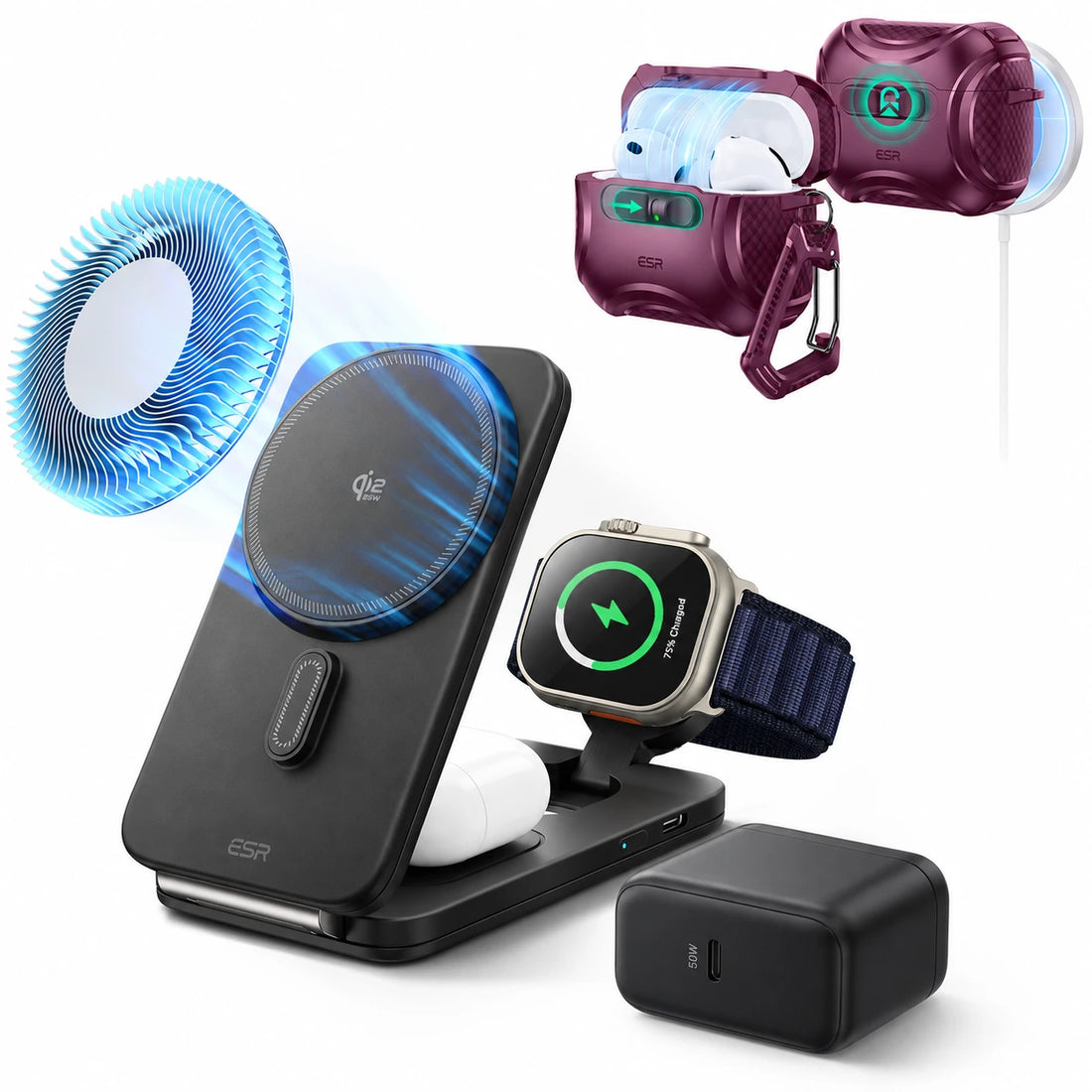 25W CryoBoost Foldable 3-in-1 Magnetic Charger and AirPods Pro 3 Cyber FlickLock Case Bundle– US Plug-Black&Deep Burgundy ESR ESR