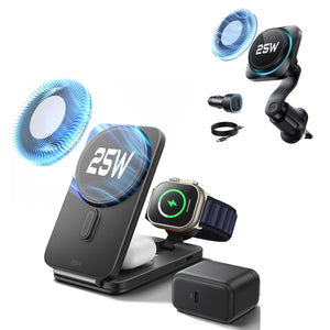 25W CryoBoost Foldable 3-in-1 Magnetic Charger and Car Charger (Air Vent) Bundle– US Plug-Black