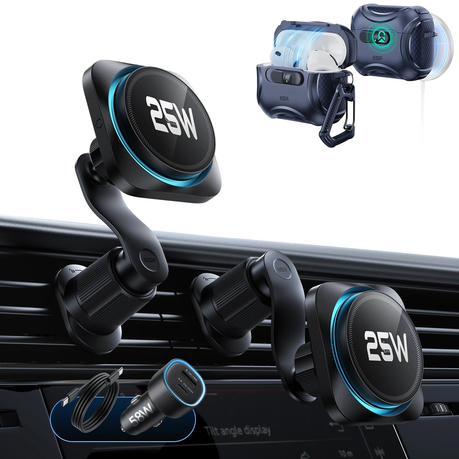 25W CryoBoost Magnetic Car Charger and AirPods Pro 3 FlickLock Case Bundle - Black&Blue