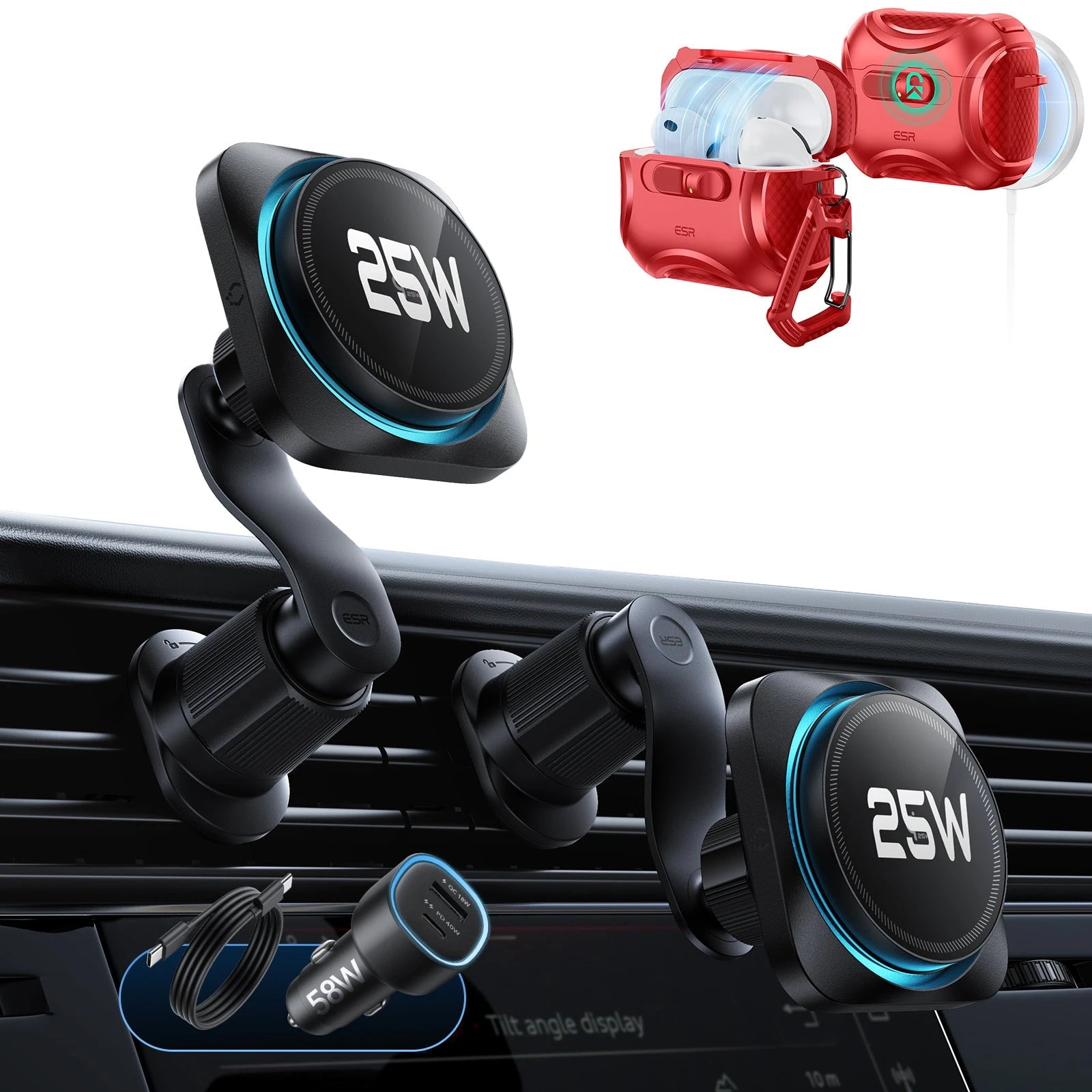 25W CryoBoost Magnetic Car Charger and AirPods Pro 3 FlickLock Case Bundle - Black&Dark Red